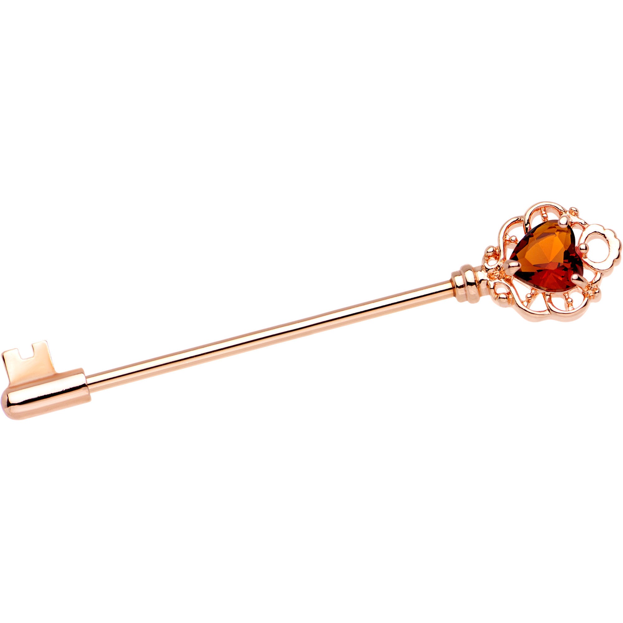 Champagne CZ Heart Rose Gold PVD Filigree Key Industrial Barbell 32mm