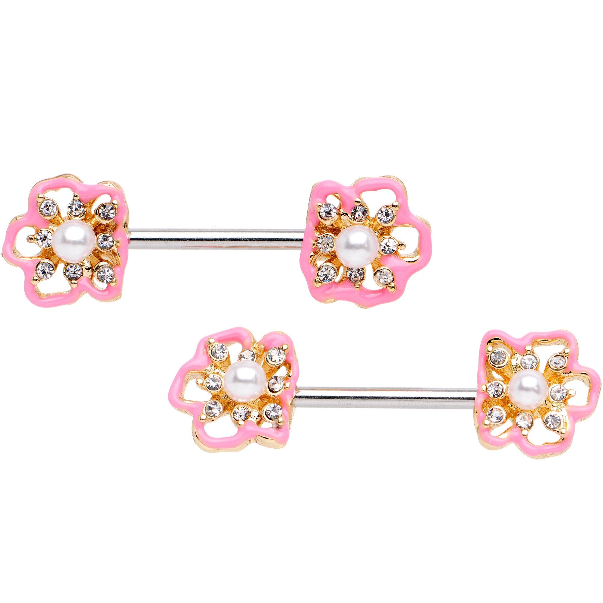 9/16 Clear Gem Frosted Flower Barbell Nipple Ring Set