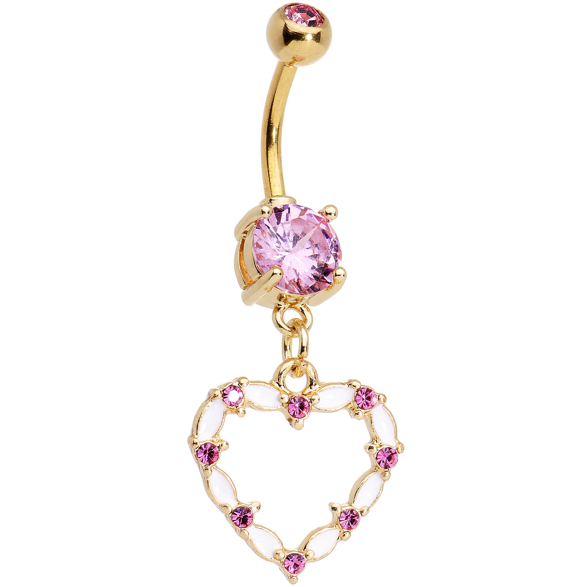 Pink Gem Gold Anodized White Whole Heart Dangle Belly Ring