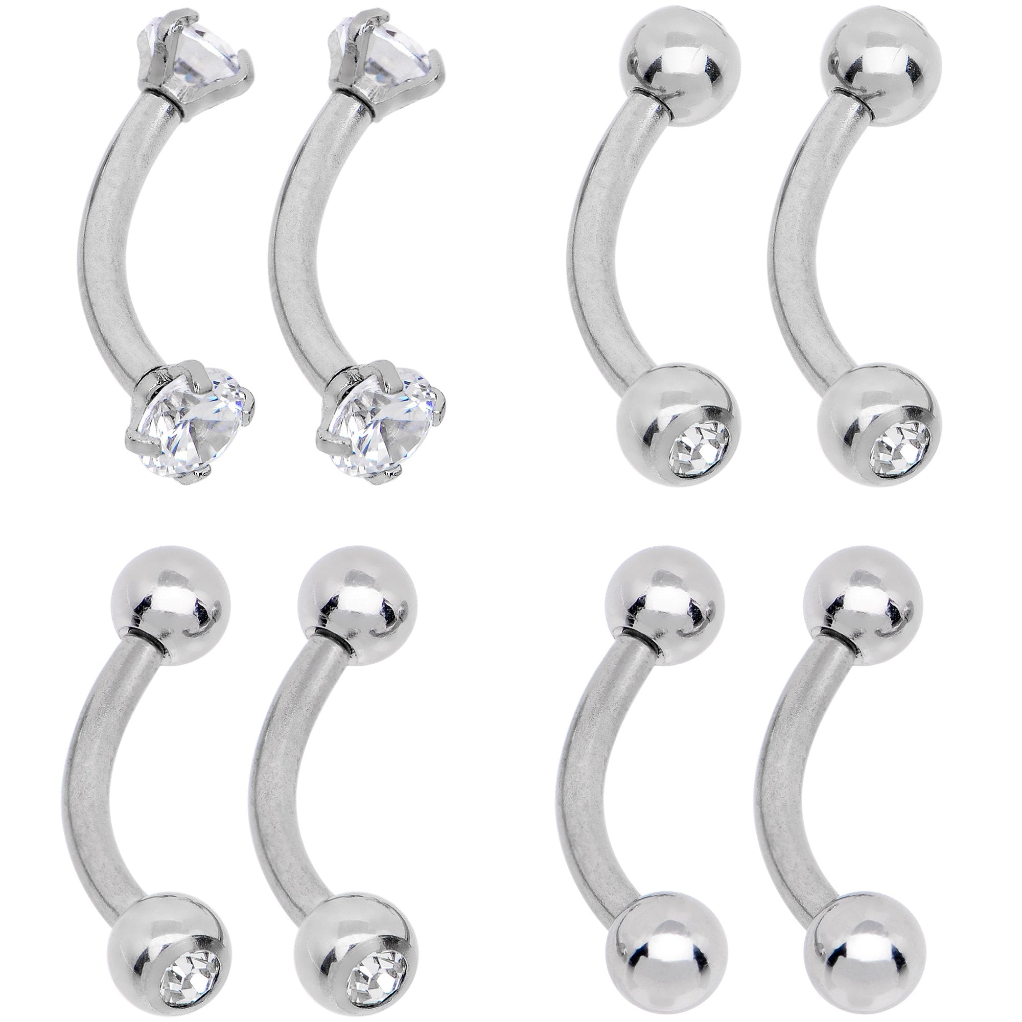 16 Gauge 5/16 CZ Gem Internally Threaded Curved Eyebrow Ring Pack Set of 8