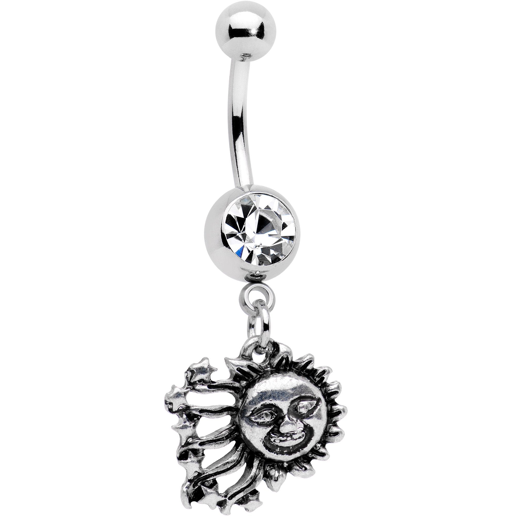 Clear Gem Mrs Sun and Mr Moon Dangle Belly Ring Set of 2