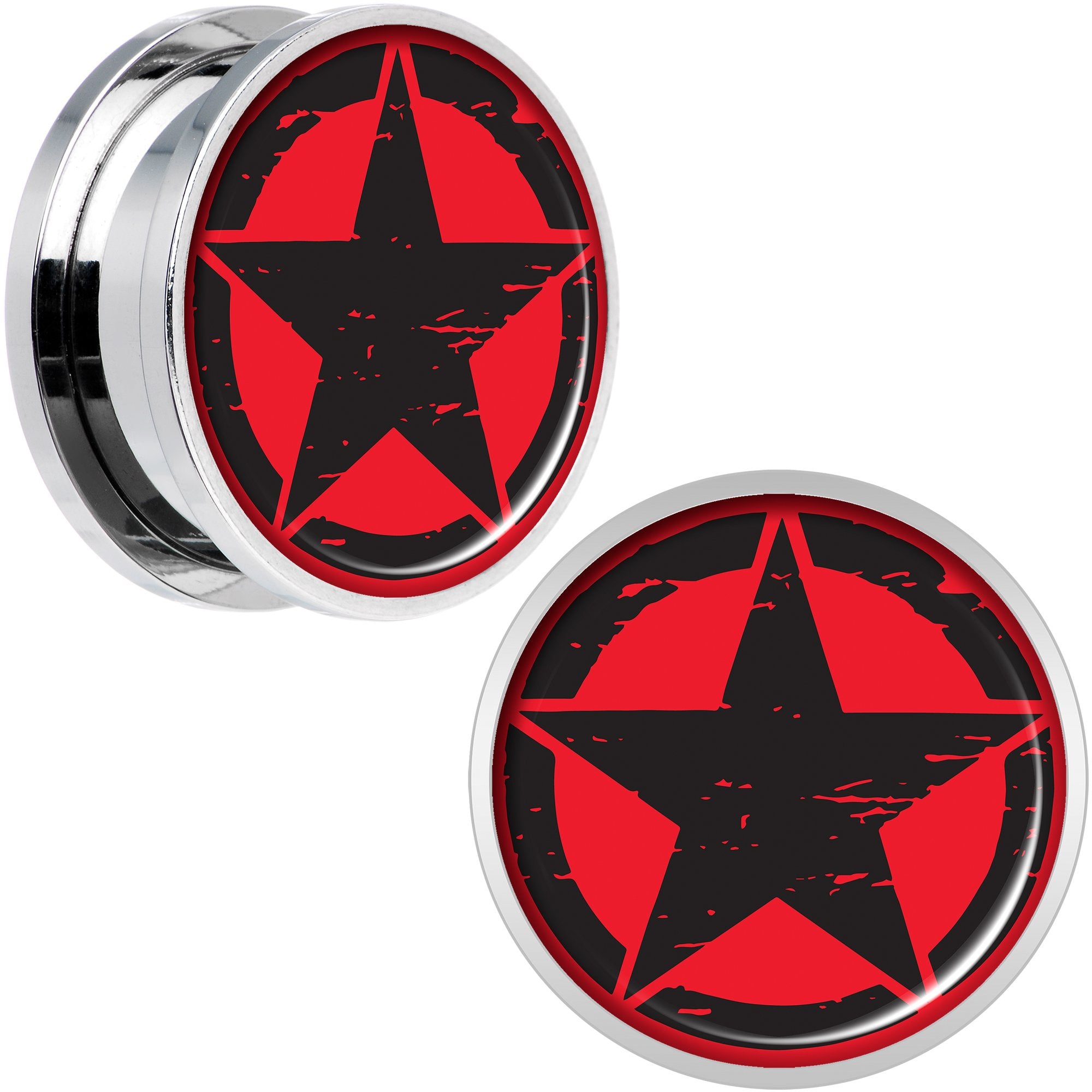 Black Red Distressed Star Steel Screw Fit Plug Set 20mm