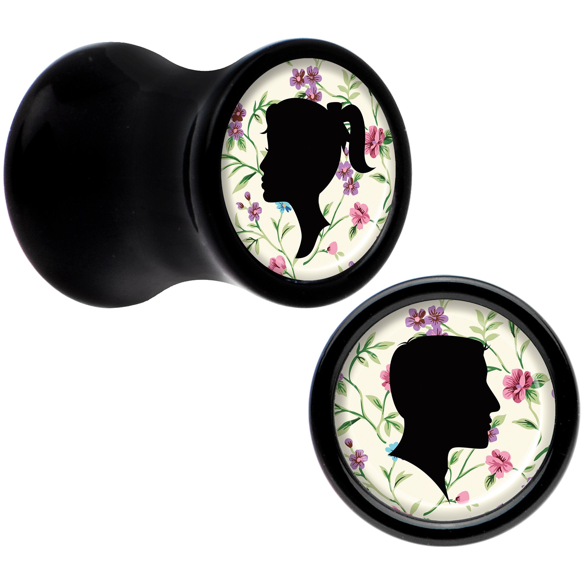 Black Acrylic Man Woman Floral Silhouette Saddle Plug Set 2 Gauge