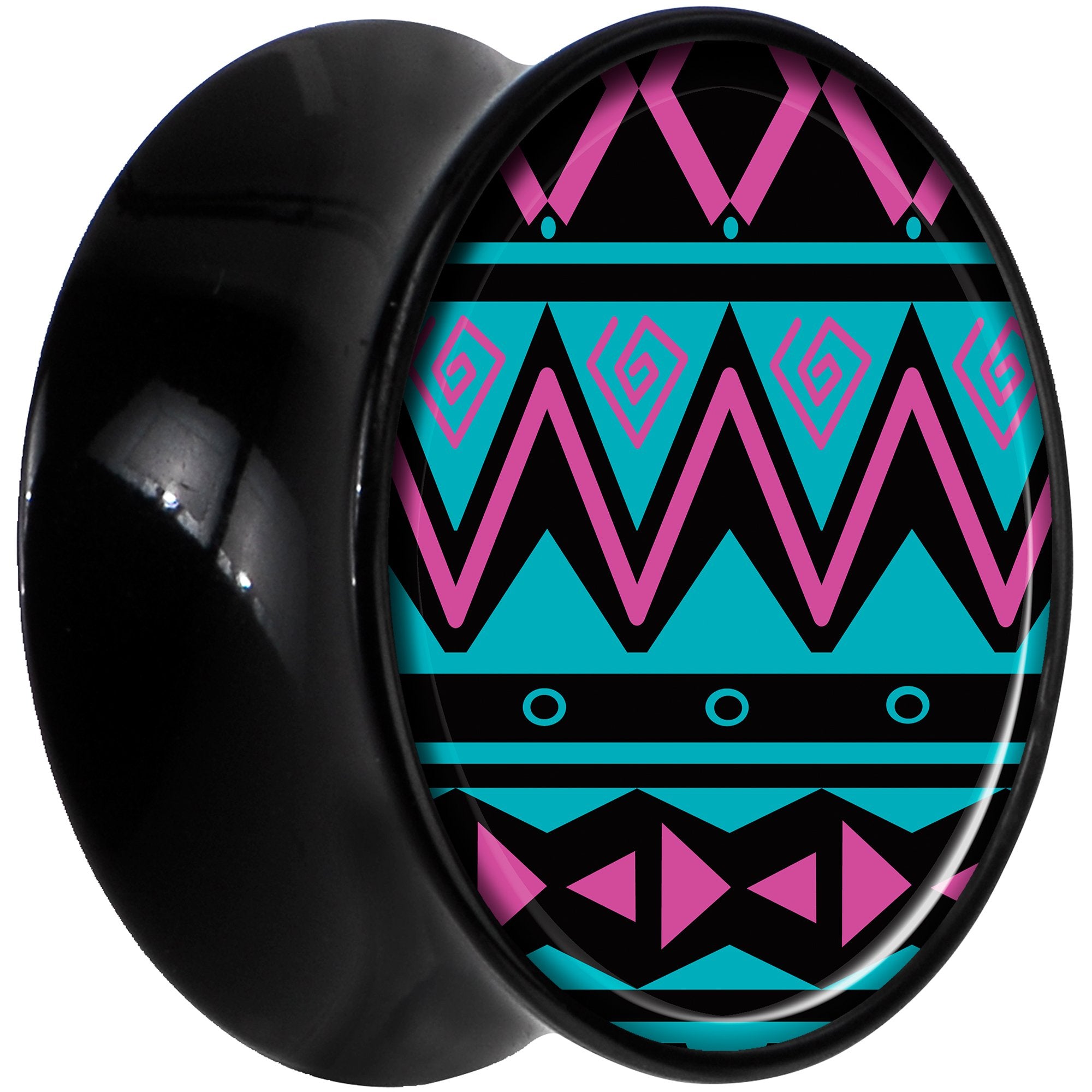 Black Acrylic Pink Teal Tribal Print Saddle Plug Set 20mm