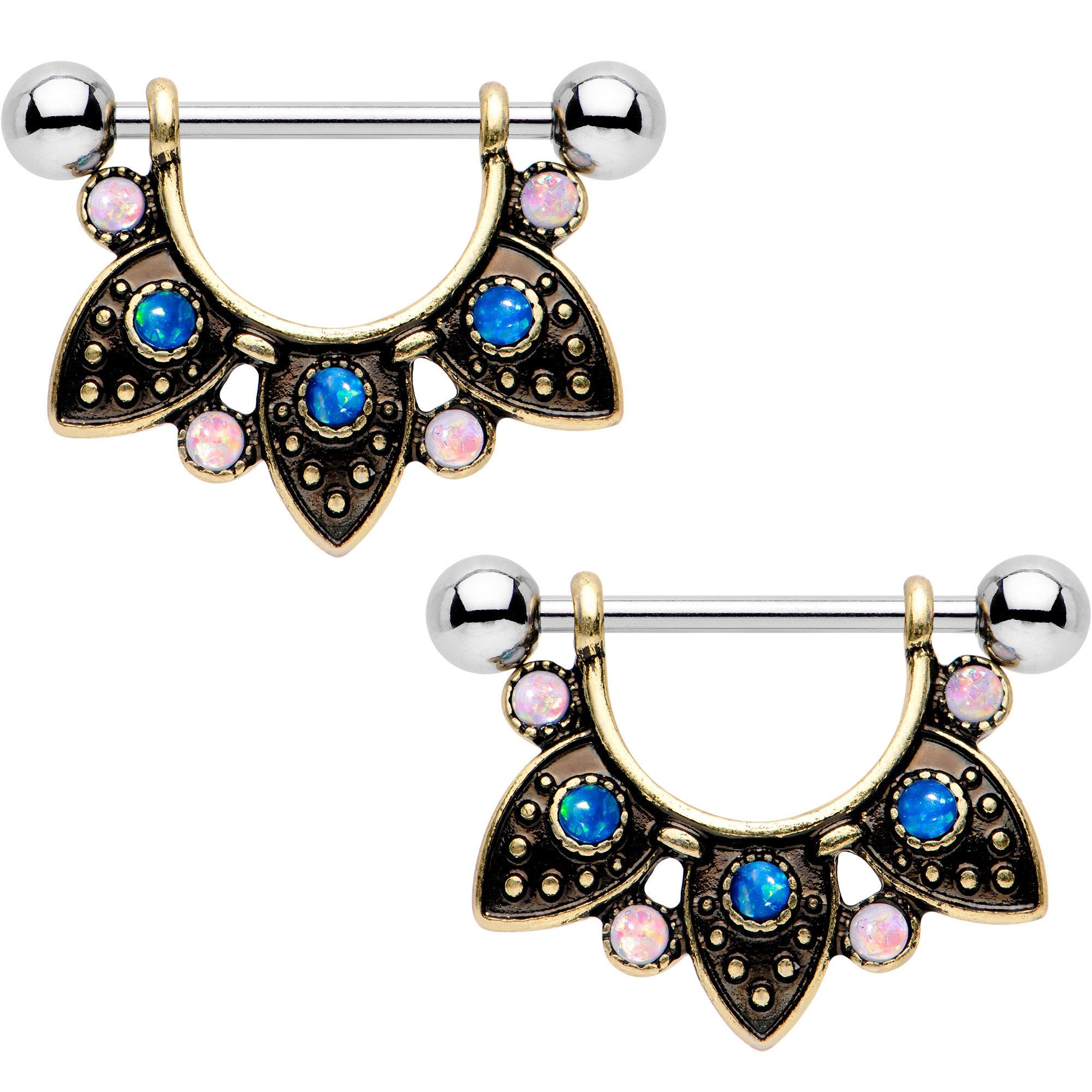 9/16 Pink Blue Faux Opal Tribal Celebration Dangle Nipple Shield Set