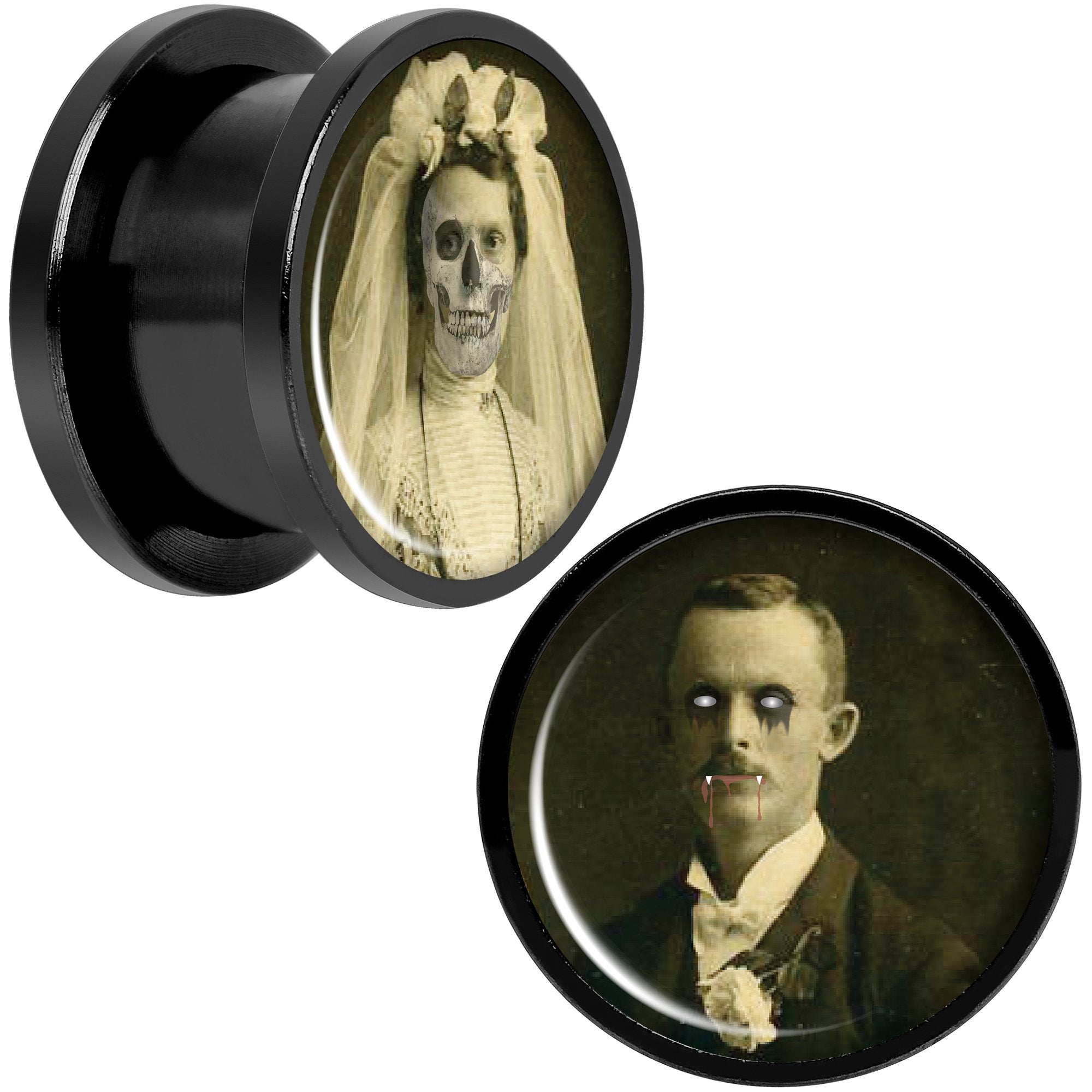 Undead Bride and Groom Halloween Black Anodized Plug Set 9/16