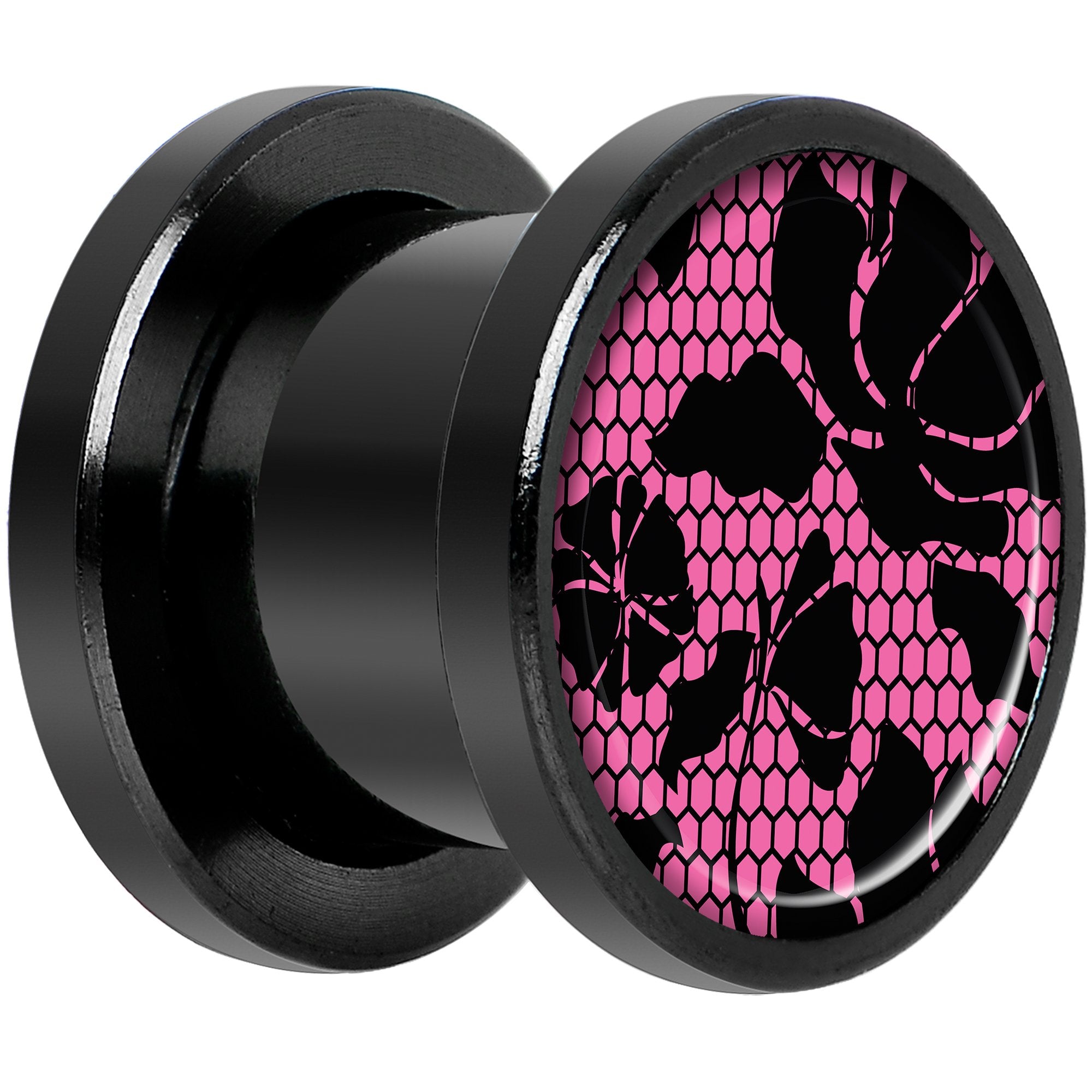 Pink Floral Lace Black Anodized Screw Fit Plug Set 00 Gauge