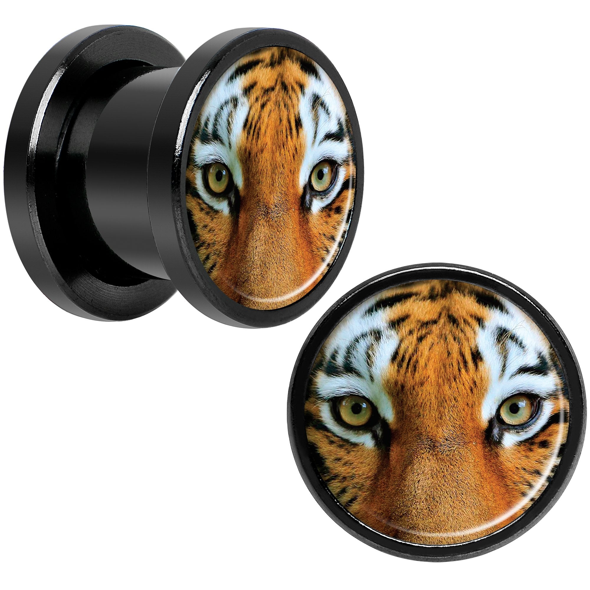 Full Color Tiger Eyes Black Anodized Screw Fit Plug Set 00 Gauge