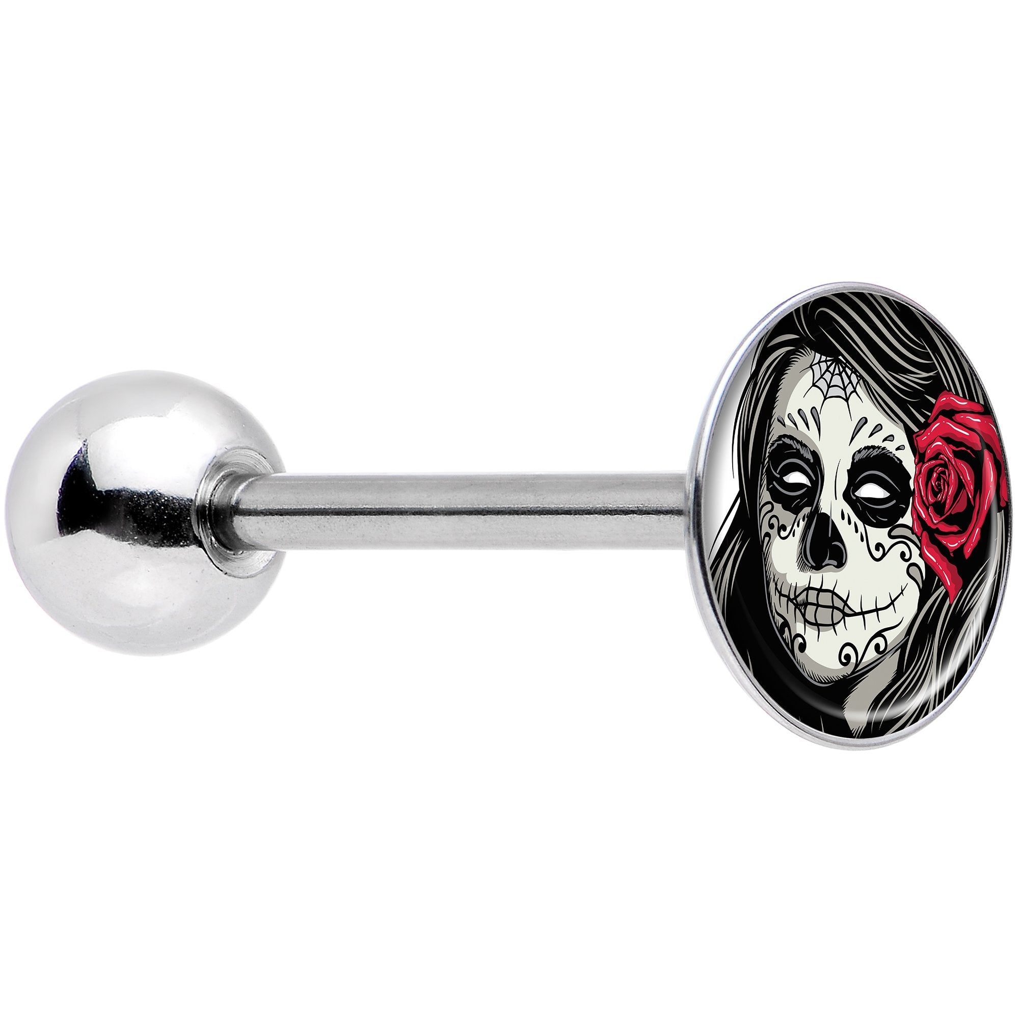 Katrina Sugar Skull with Rose Flower Barbell Tongue Ring