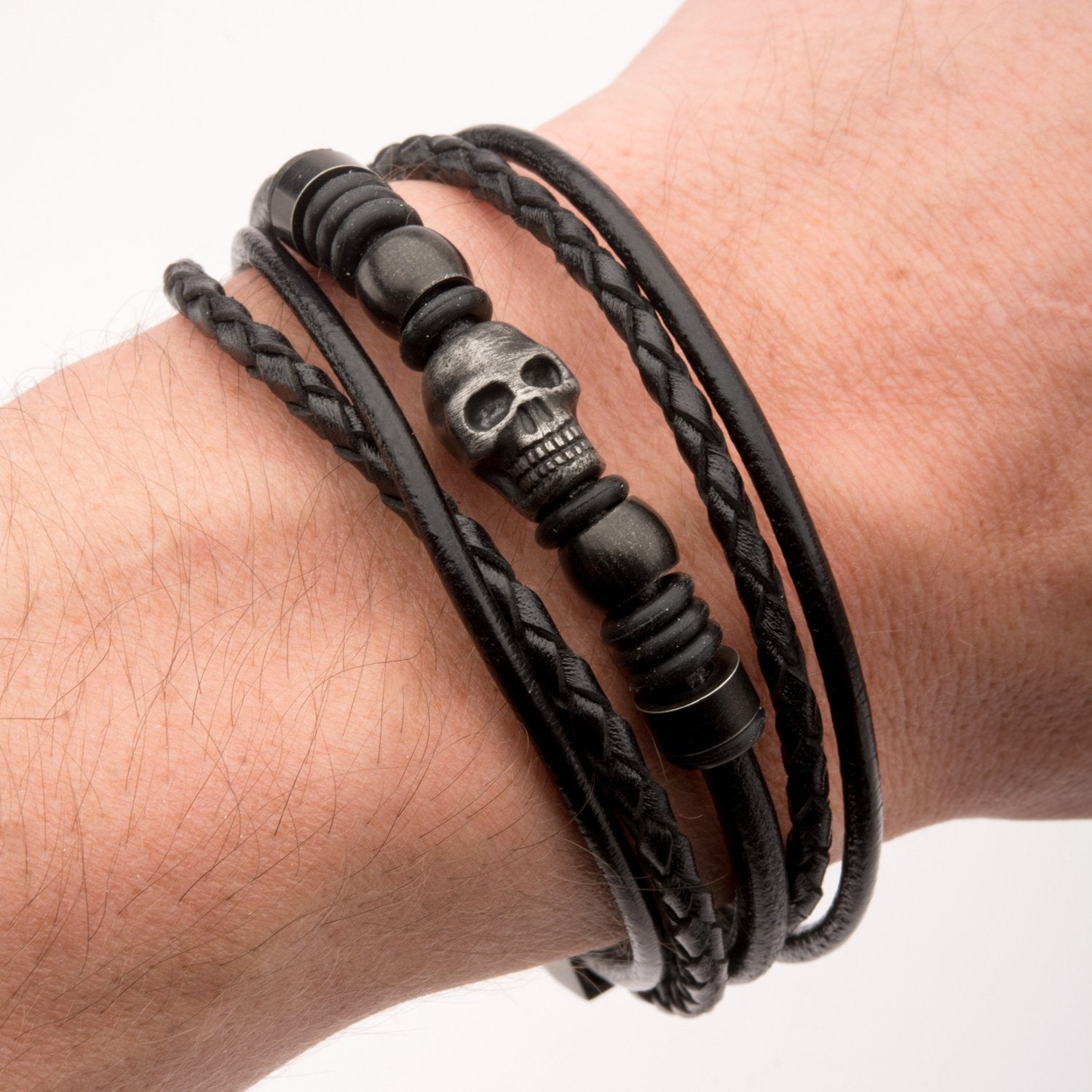 Mens Multi Black Leather and Black Skull Beads 16mm Bracelet