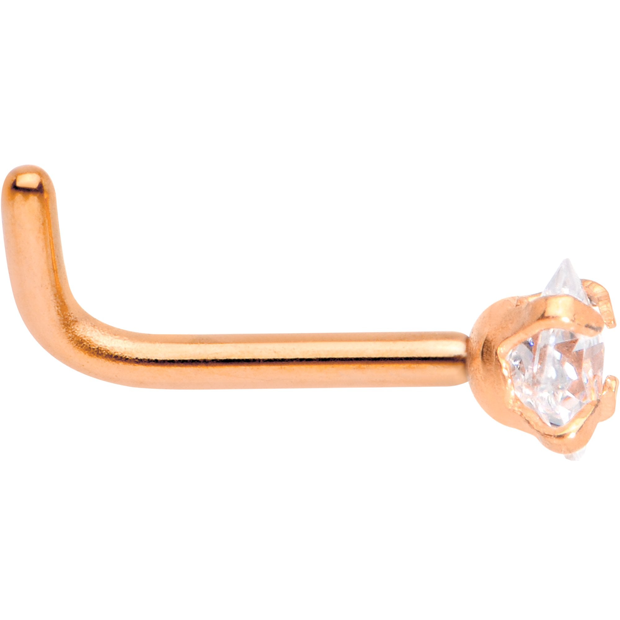 18 Gauge 1/4 Clear Square 2.5mm CZ Gem Rose Gold IP L-Shape Nose Ring