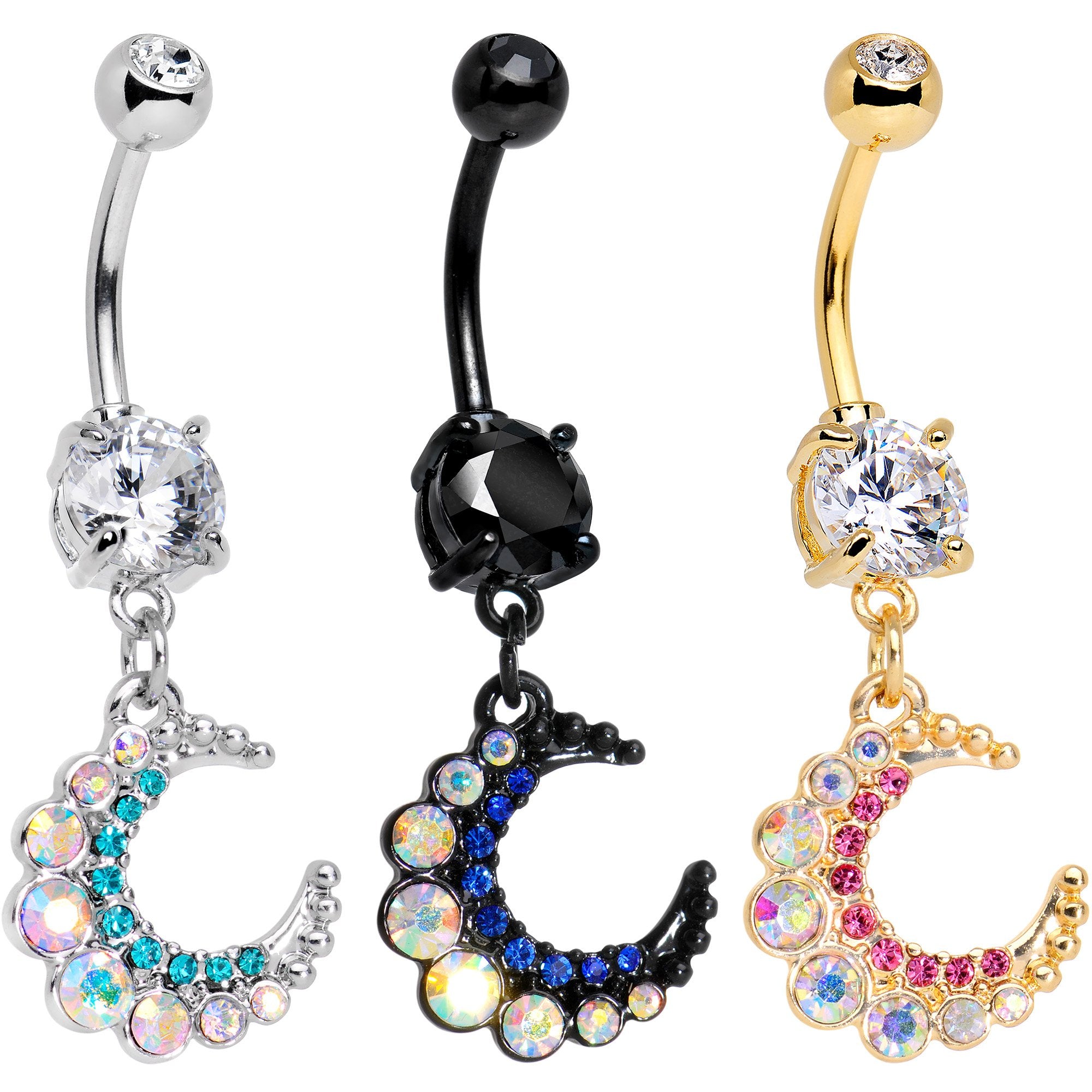 Gem Encrusted Crescent Moon Dangle Belly Ring Set of 3