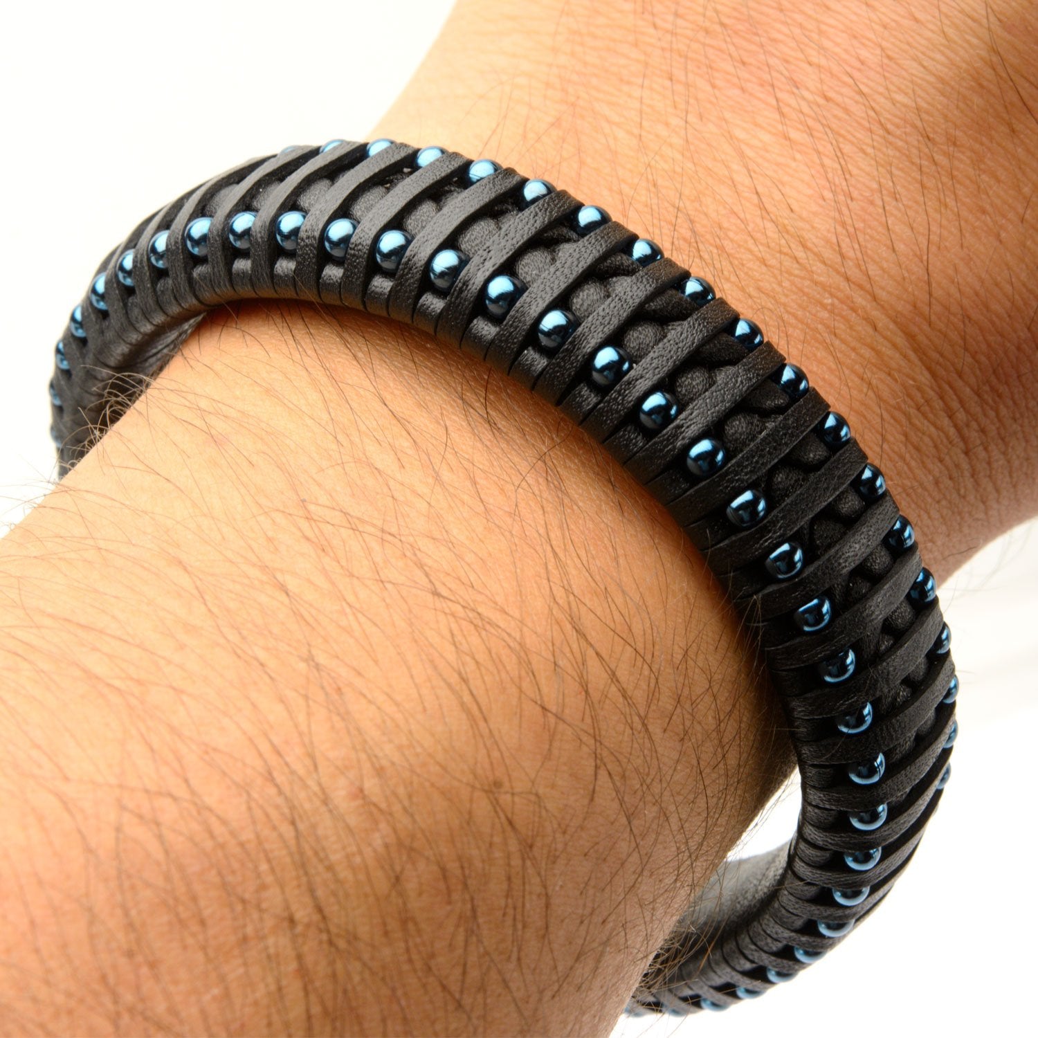 Mens Black Leather Blue IP Steel Ball Edge 6mm Bracelet