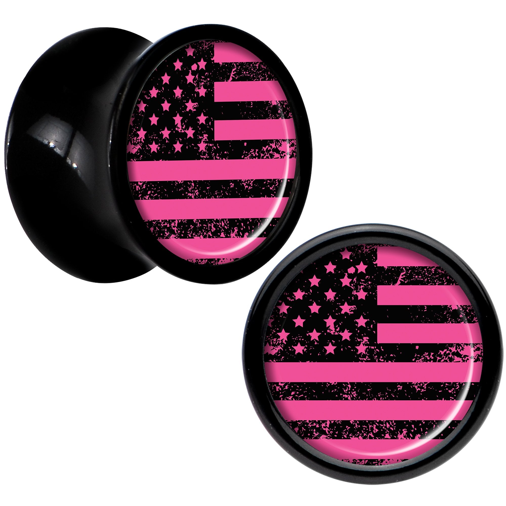 Black Acrylic Pink American Flag Saddle Plug Set 0 Gauge