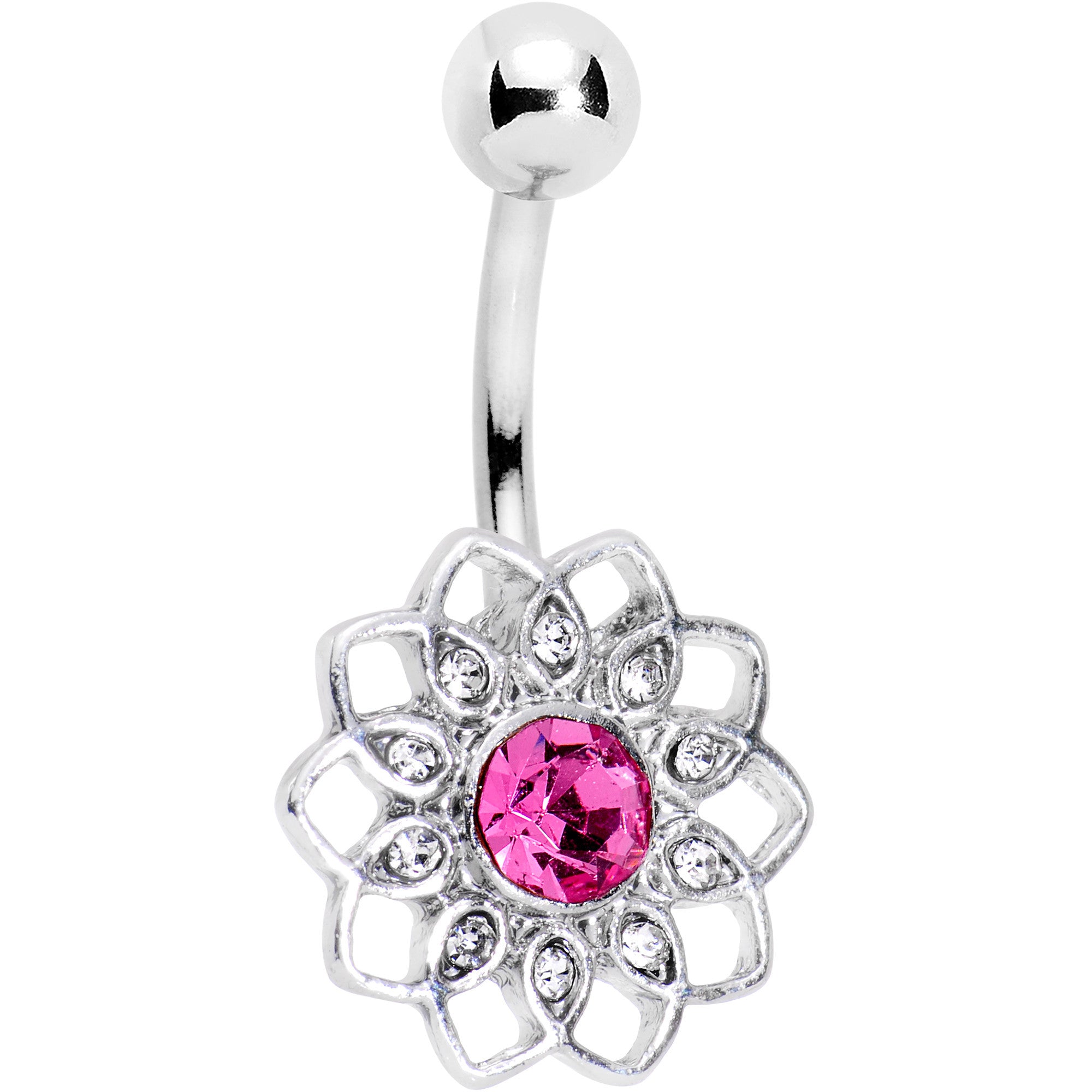 Clear Pink Gem Filigree Flower Belly Ring