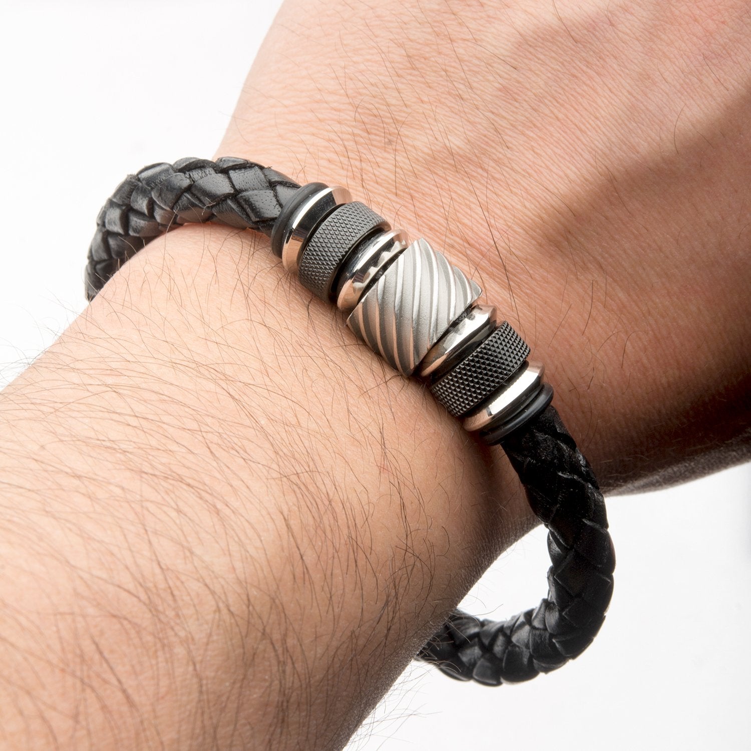 Mens Stainless Steel Black Leather Black IP Bead 7.5mm Bracelet