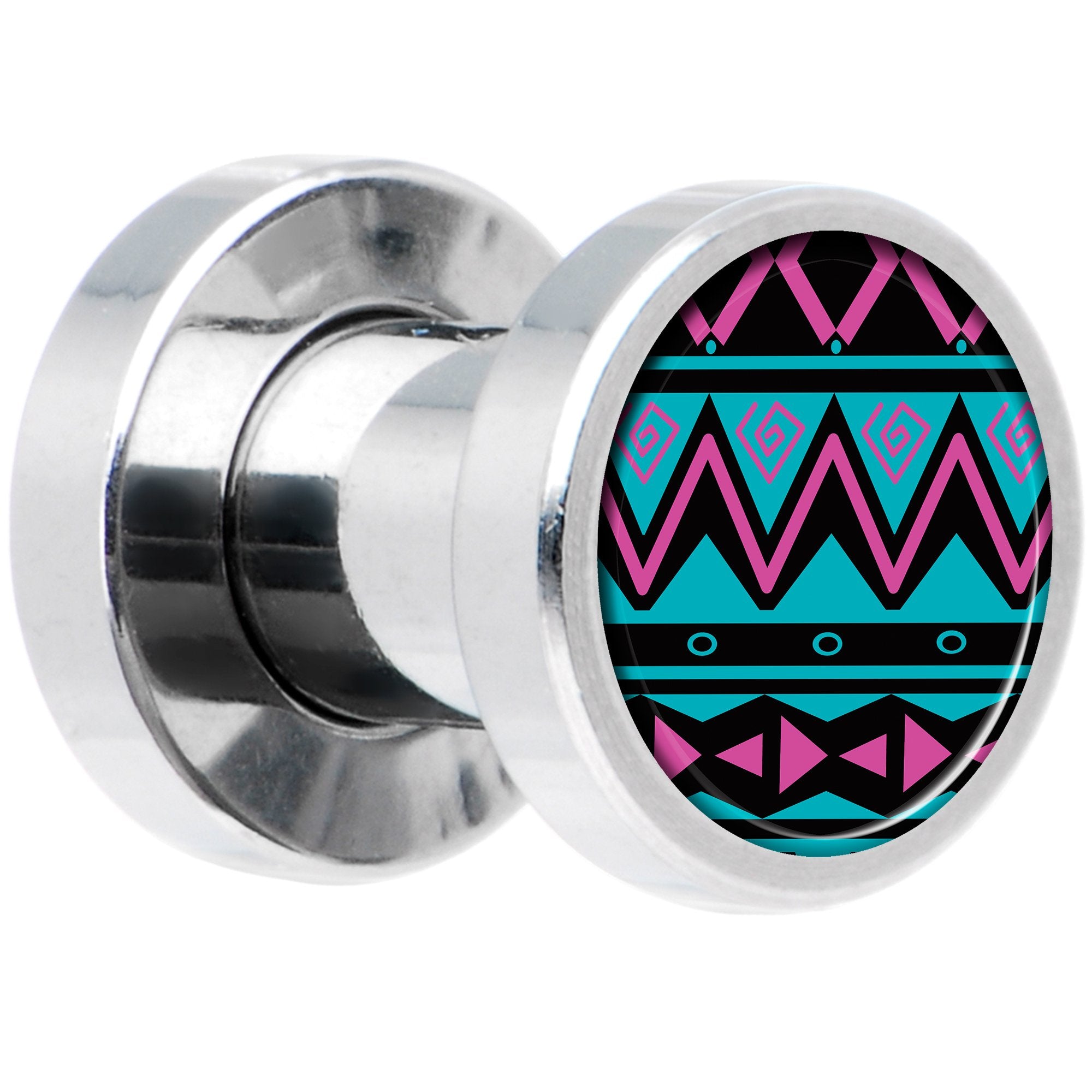 Pink Teal Tribal Print Steel Screw Fit Plug Set 4 Gauge