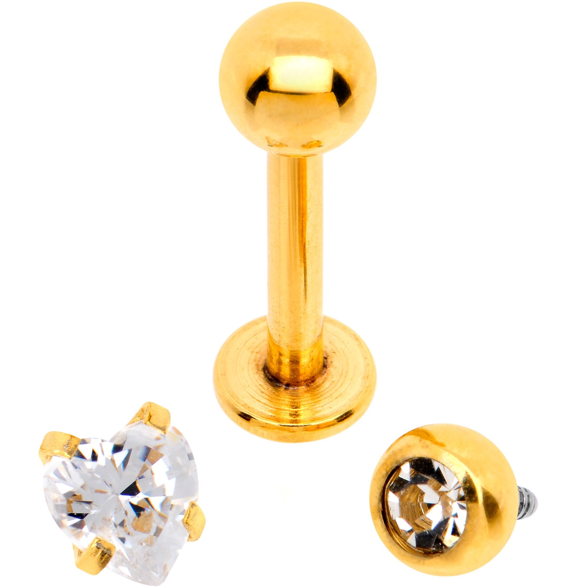 Clear CZ Gem Gold PVD Heart Internally Threaded Labret Set of 3 Ends