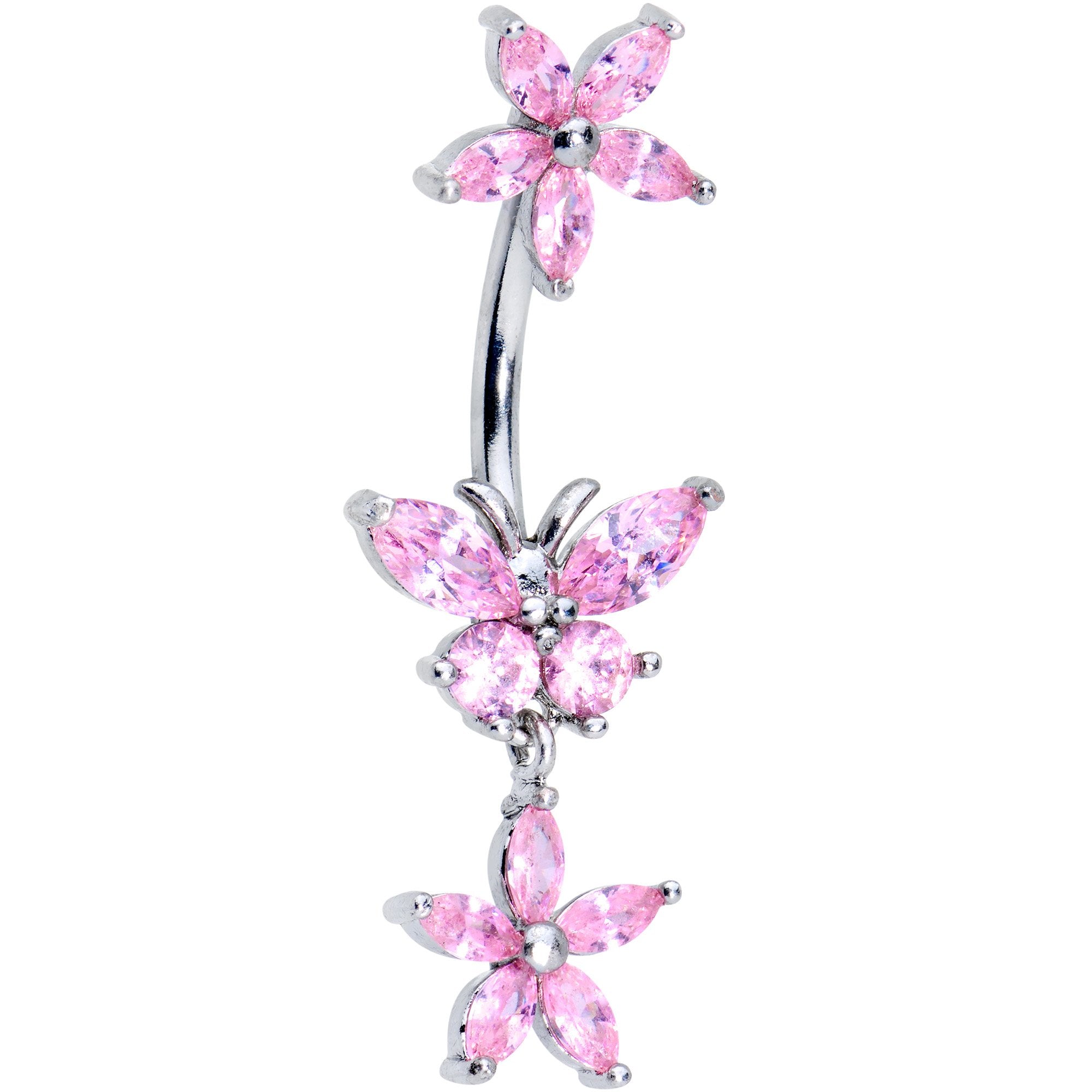 Pink CZ Gem Butterfly Angel Double Mount Dangle Belly Ring