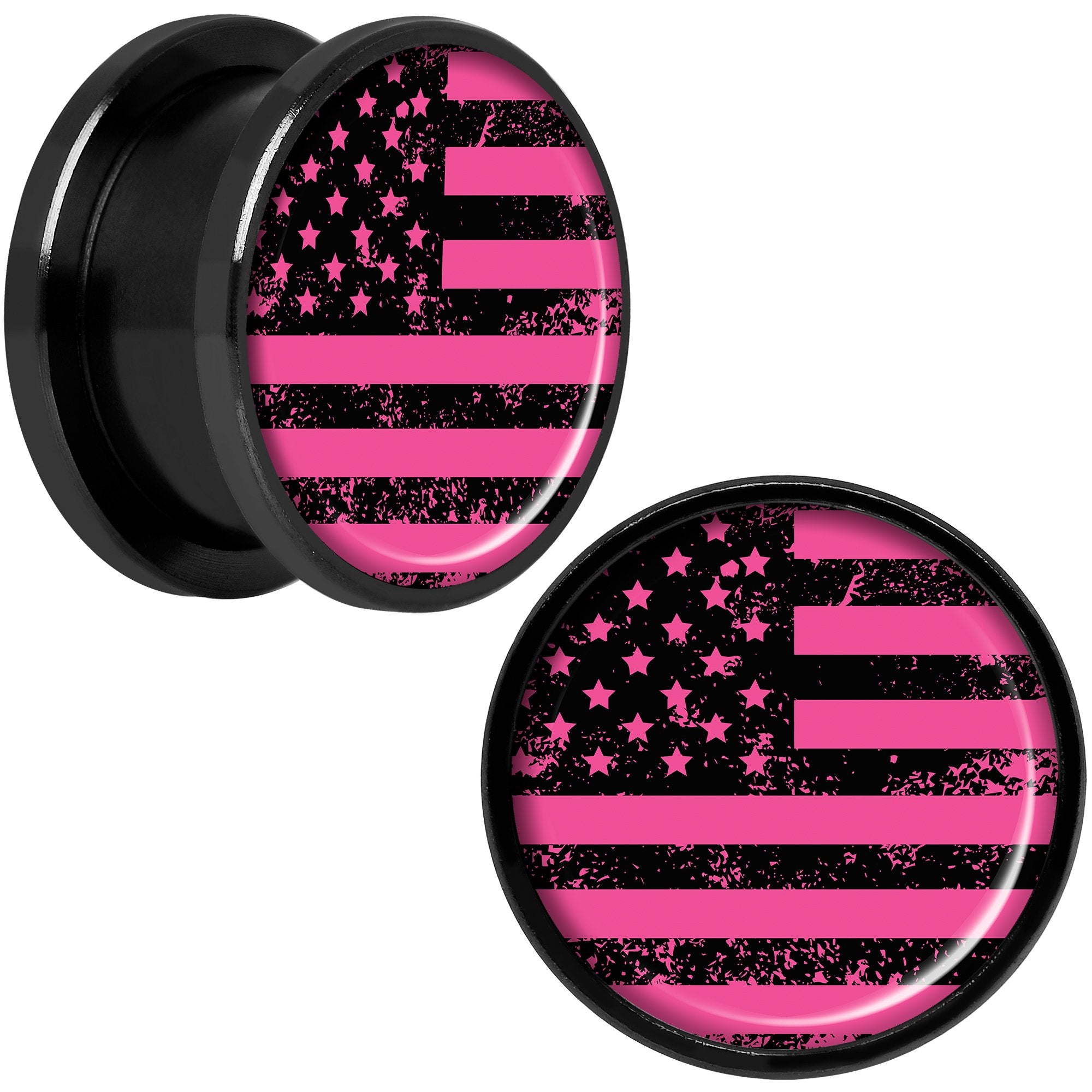 Pink American Flag Black Anodized Screw Fit Plug Set 5/8