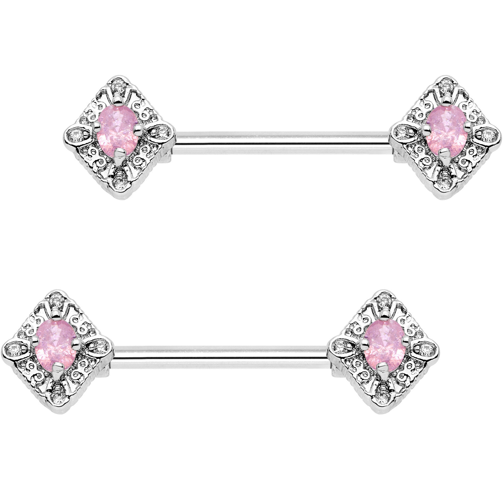 14 Gauge 5/8" Clear Pink Gem Rococo Rhombus Barbell Nipple Ring Set