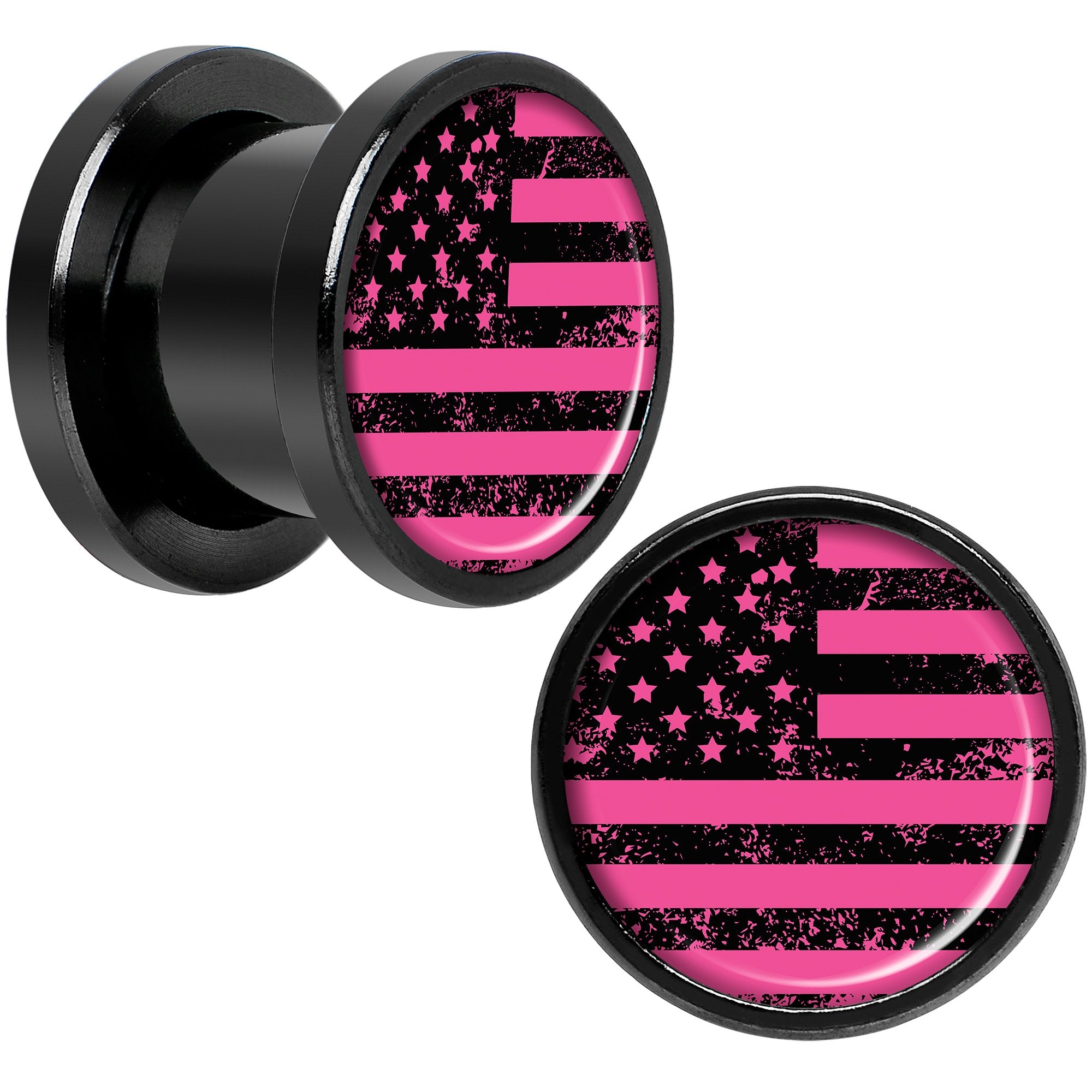 Pink American Flag Black Anodized Screw Fit Plug Set 00 Gauge