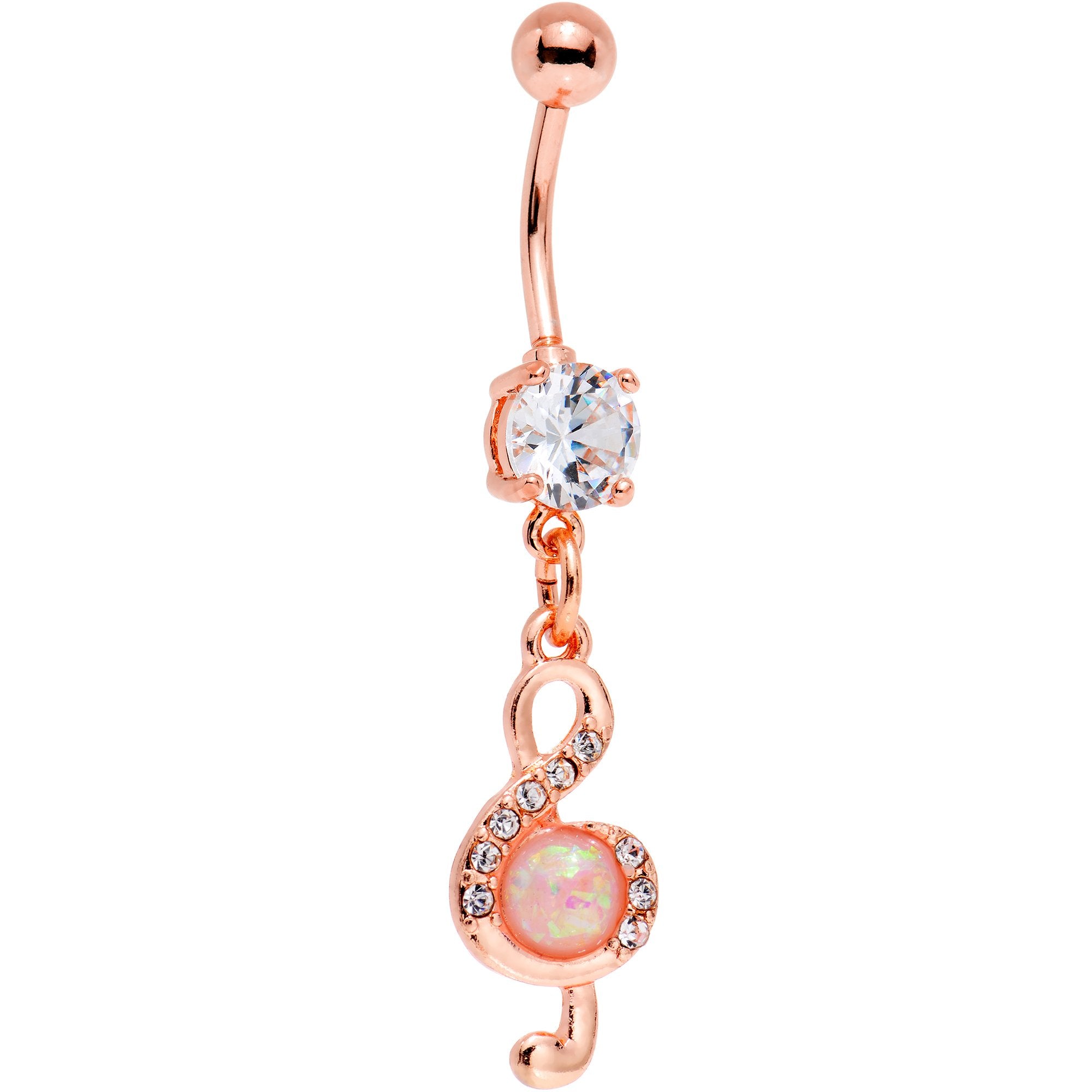 White Faux Opal Rose Gold PVD Treble Clef Dangle Belly Ring