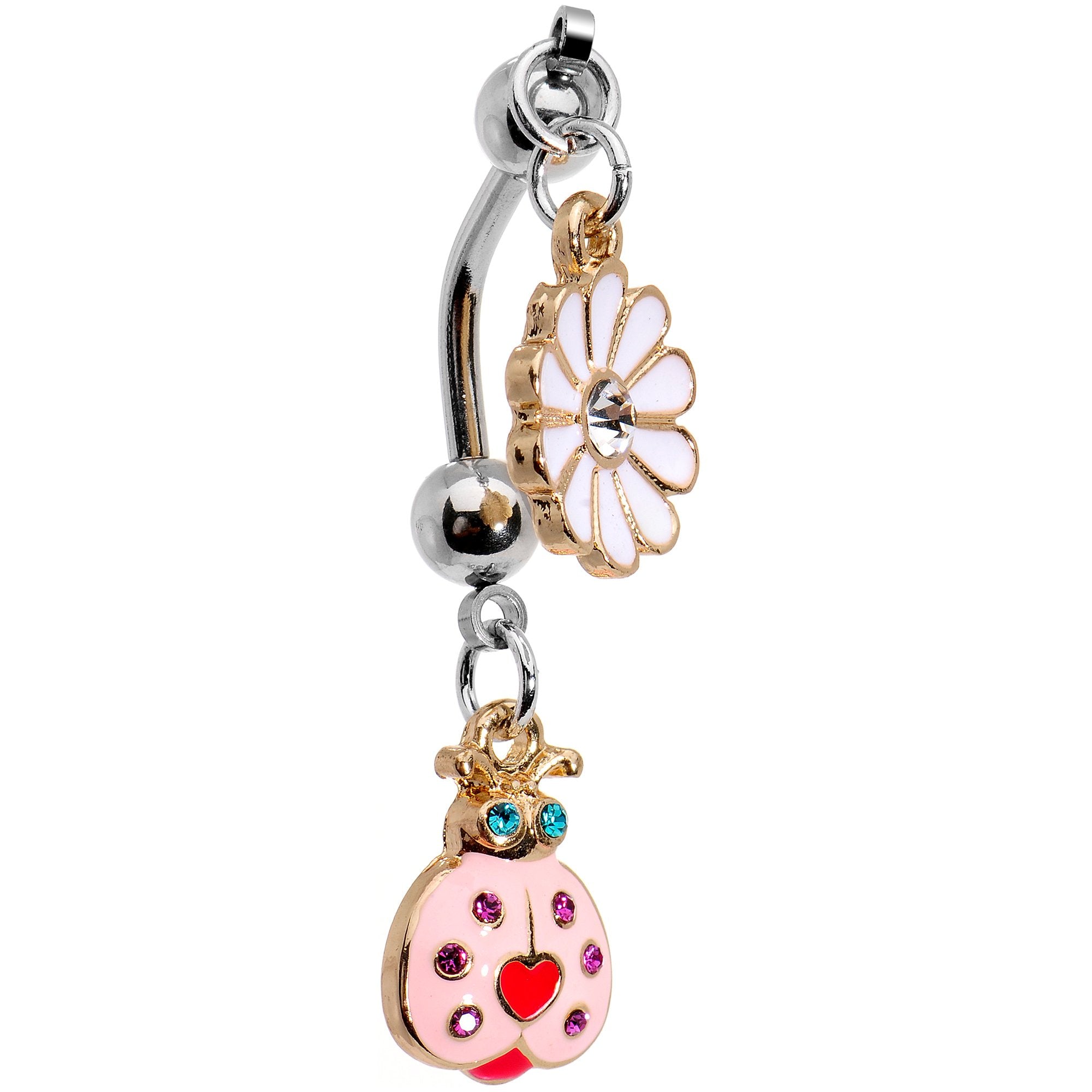 Clear Gem Pink Lovely Lady Bug Flower Double Mount Dangle Belly Ring