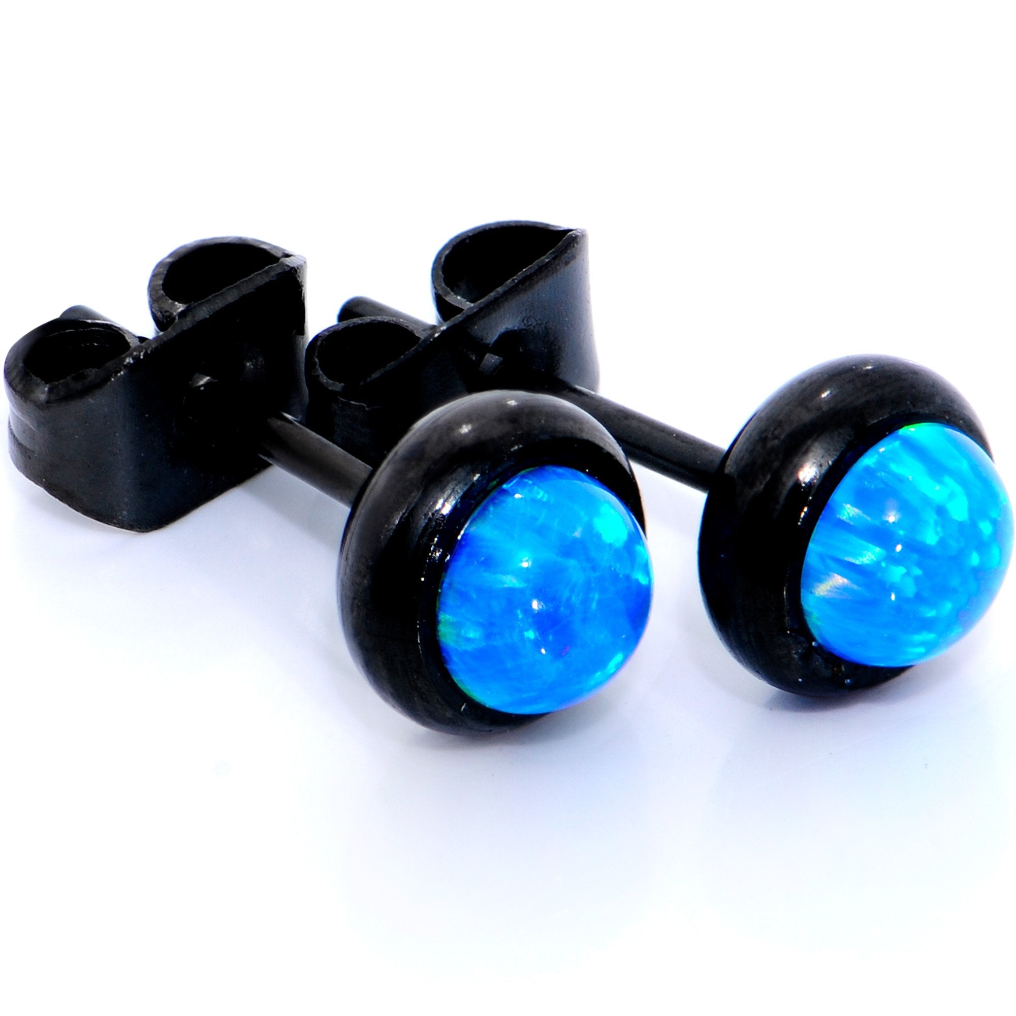 Blue Synthetic Opal Black IP 316L Surgical Steel Stud Earrings