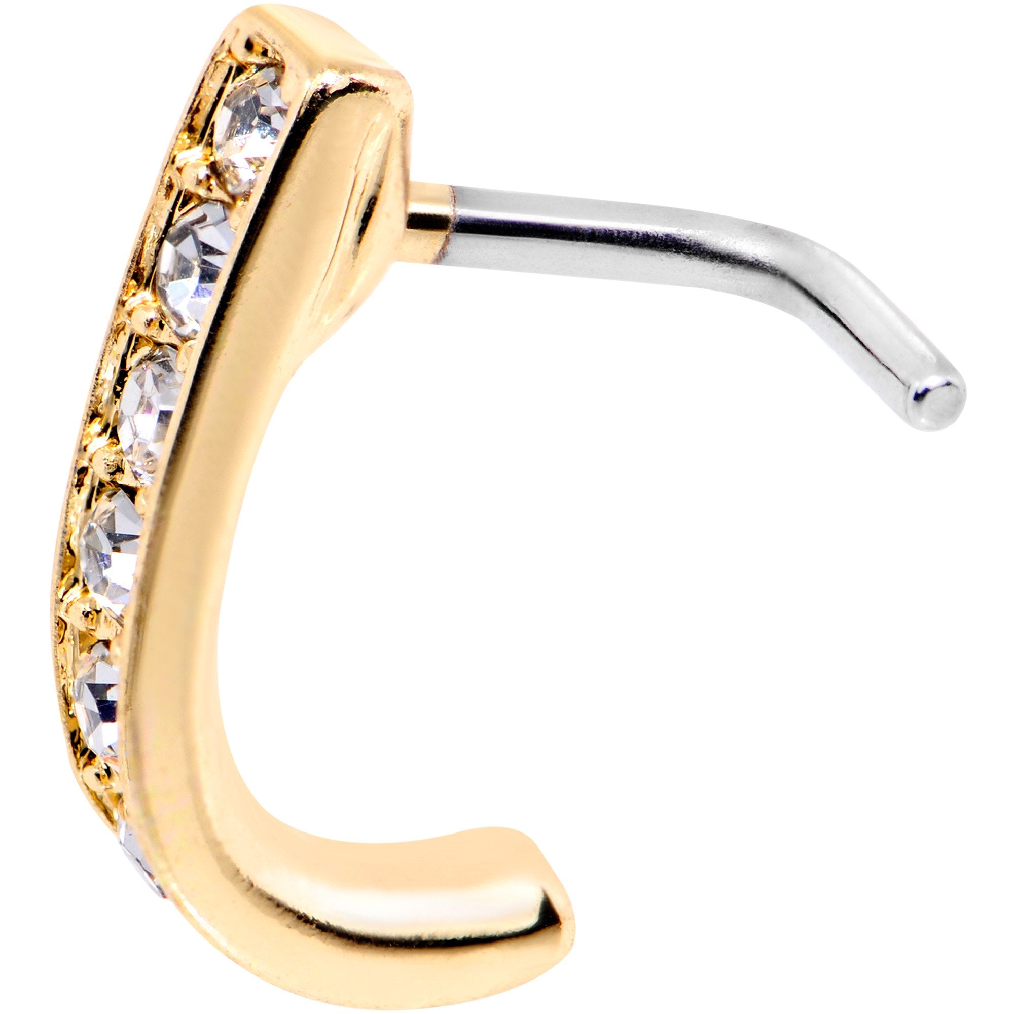 18 Gauge Clear CZ Gold Tone Sleek Faux Hoop L Shaped Nose Ring