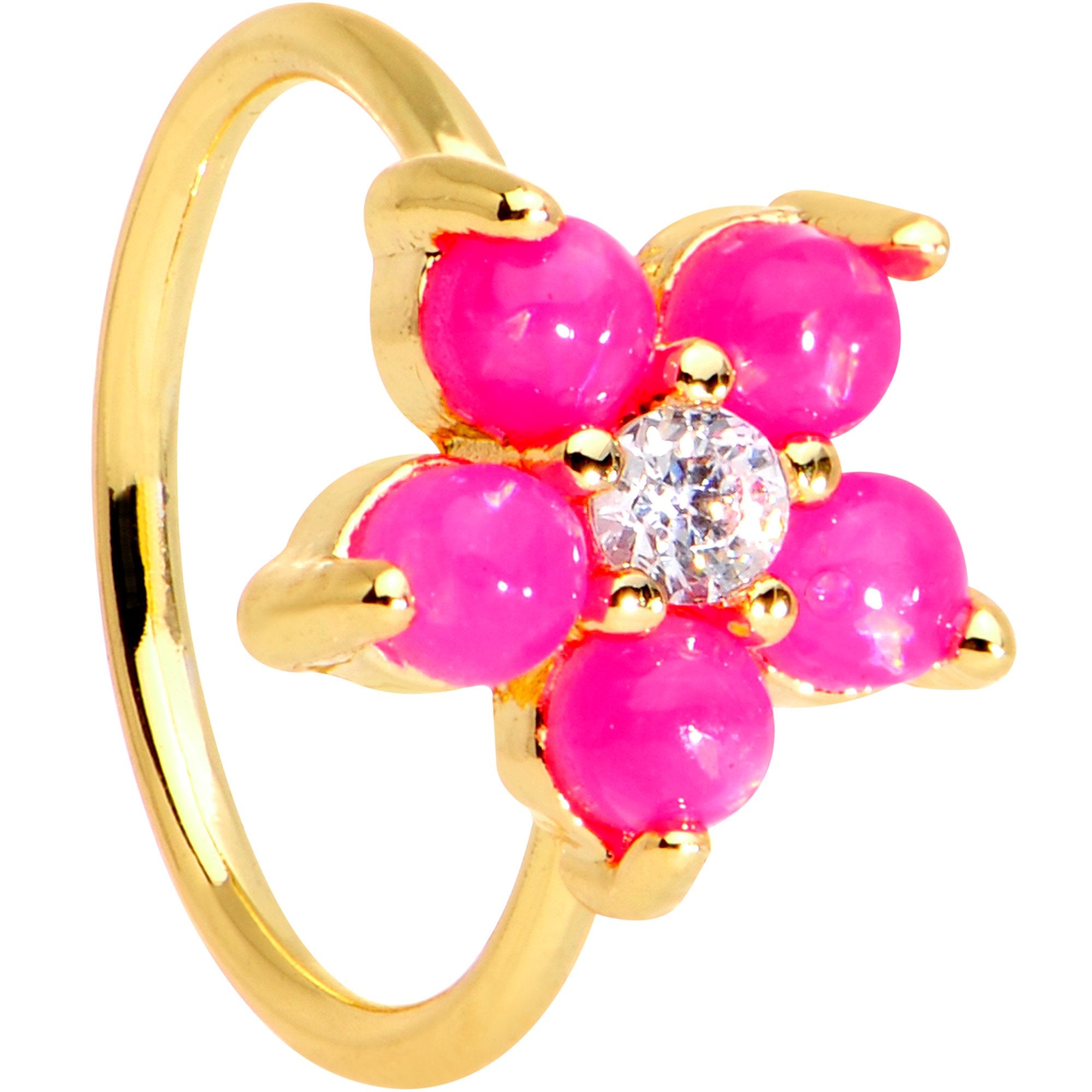 20 Gauge Clear CZ Pink Faux Opal Gold Tone Flower Circular Ring