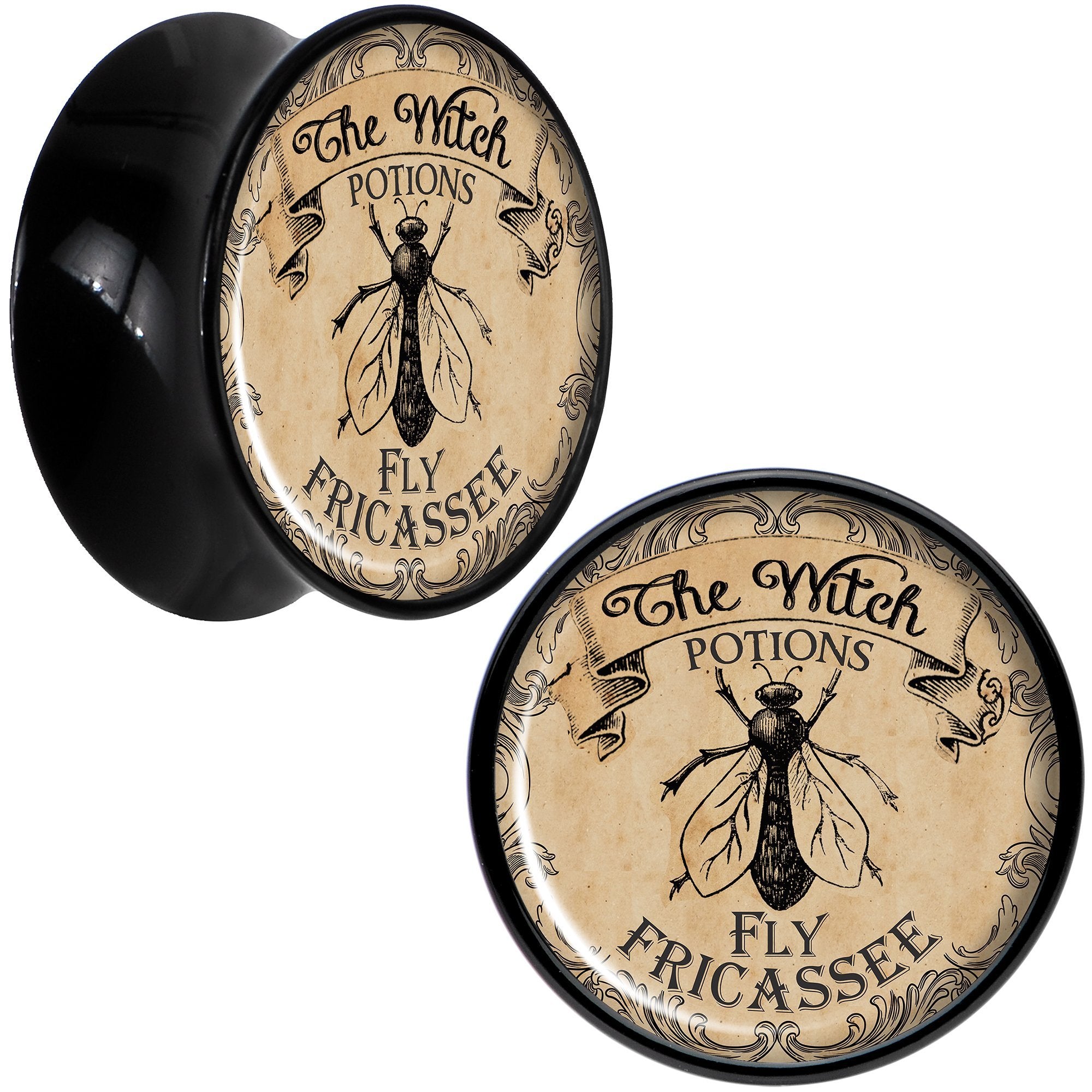 Witches Brew Fly Fricassee Halloween Black Acrylic Plug Sizes 0 Gauge to 20mm