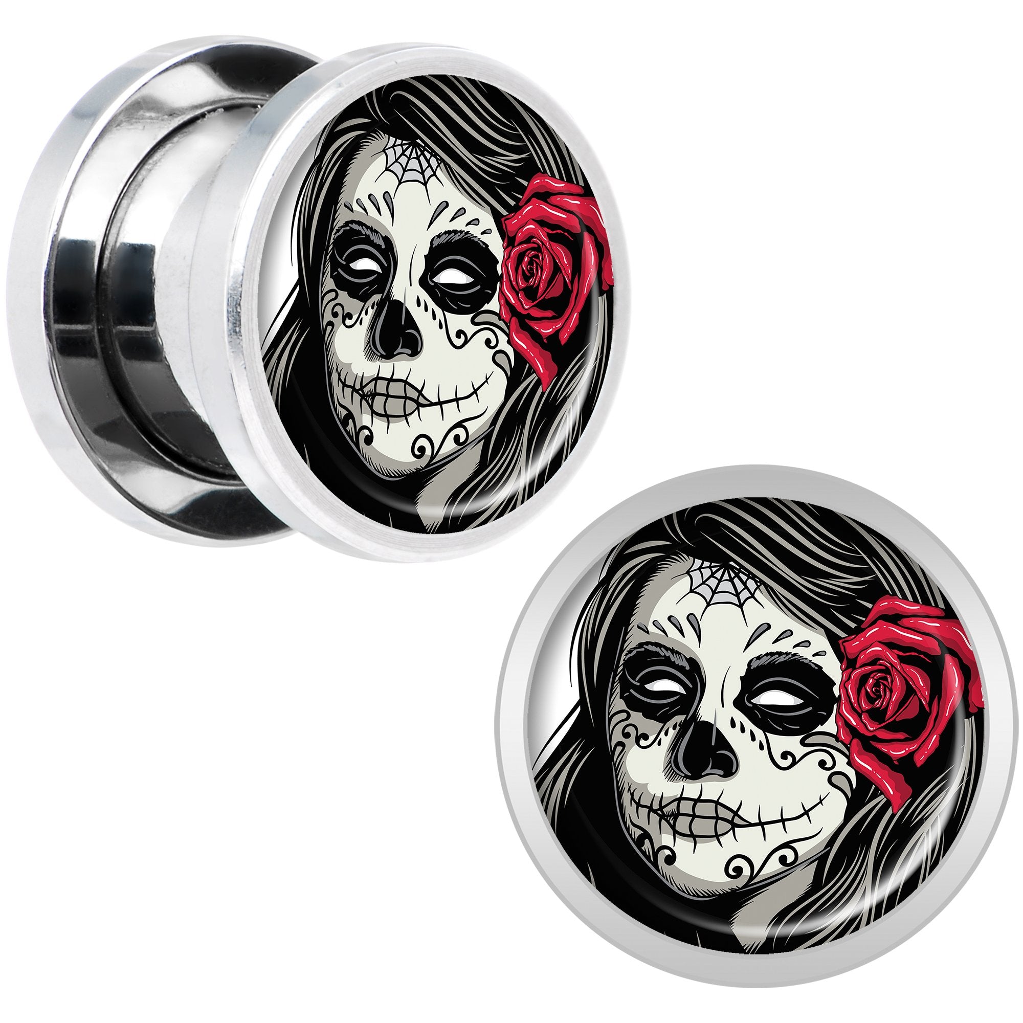 Katrina Sugar Skull with Rose Flower Steel Screw Fit Plug Set 00 Gauge