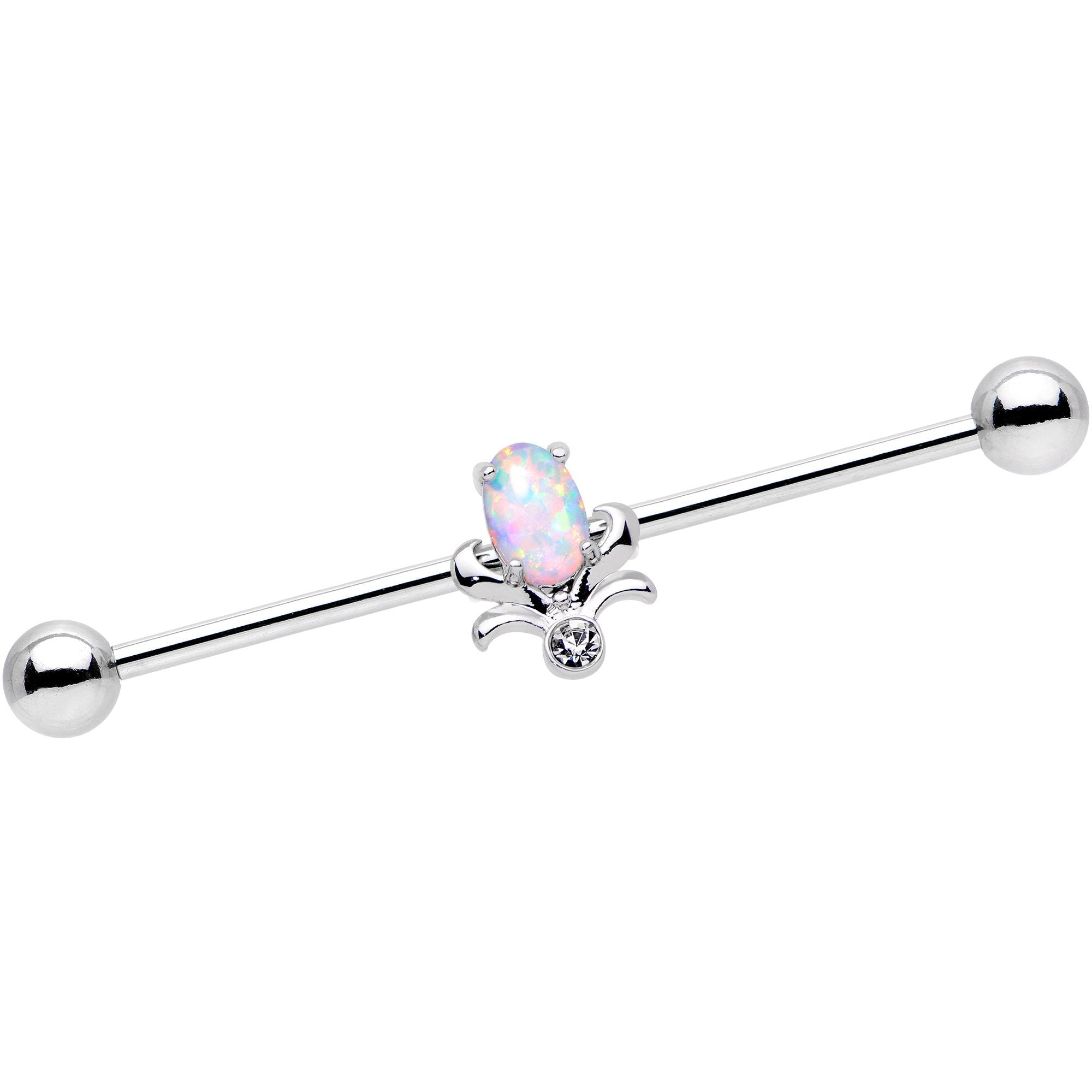 14 Gauge White Synthetic Opal Flower Power Industrial Barbell 38mm