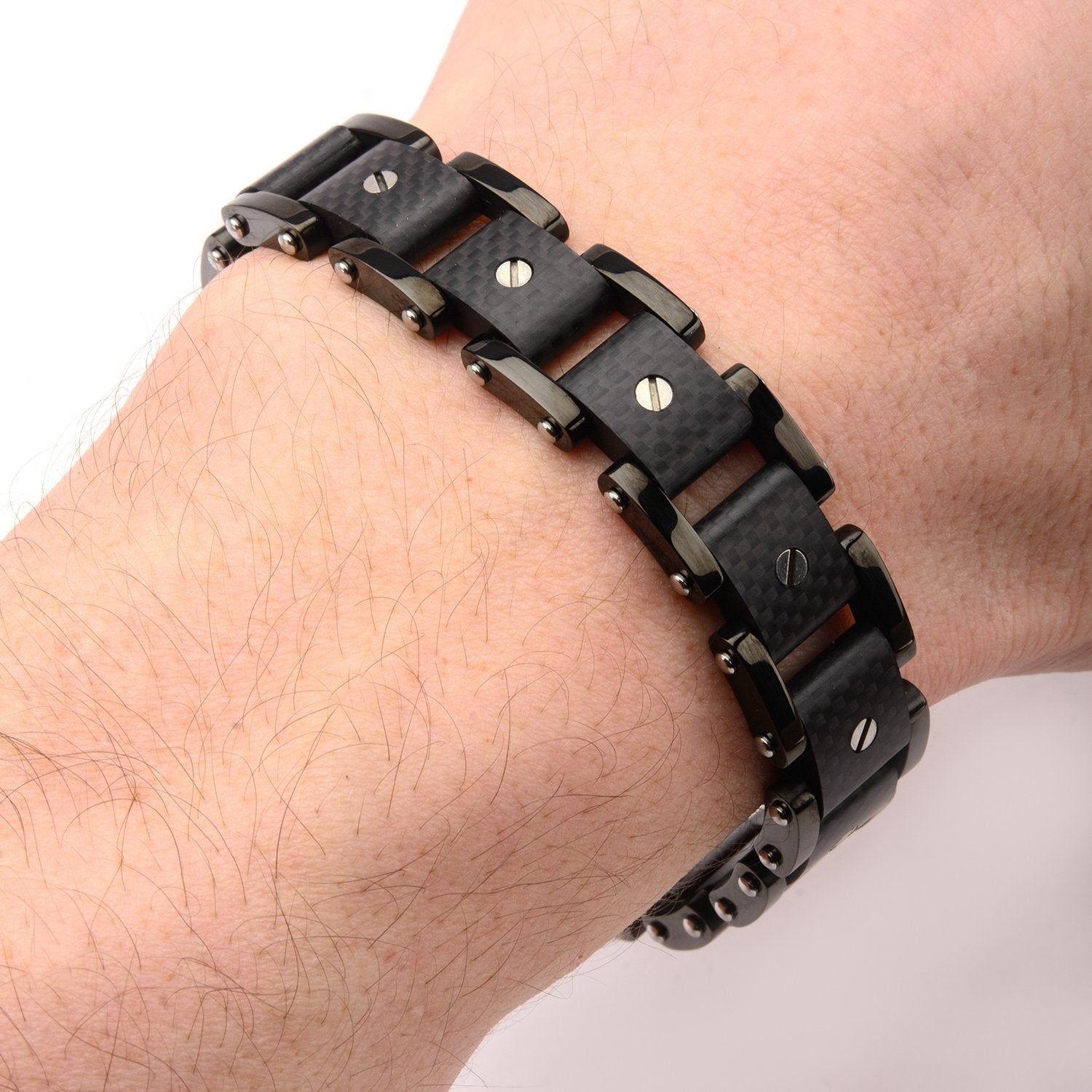 Mens Stainless Steel Black IP and Solid Carbon Fiber Steel Screw 4.5mm Link Bracelet