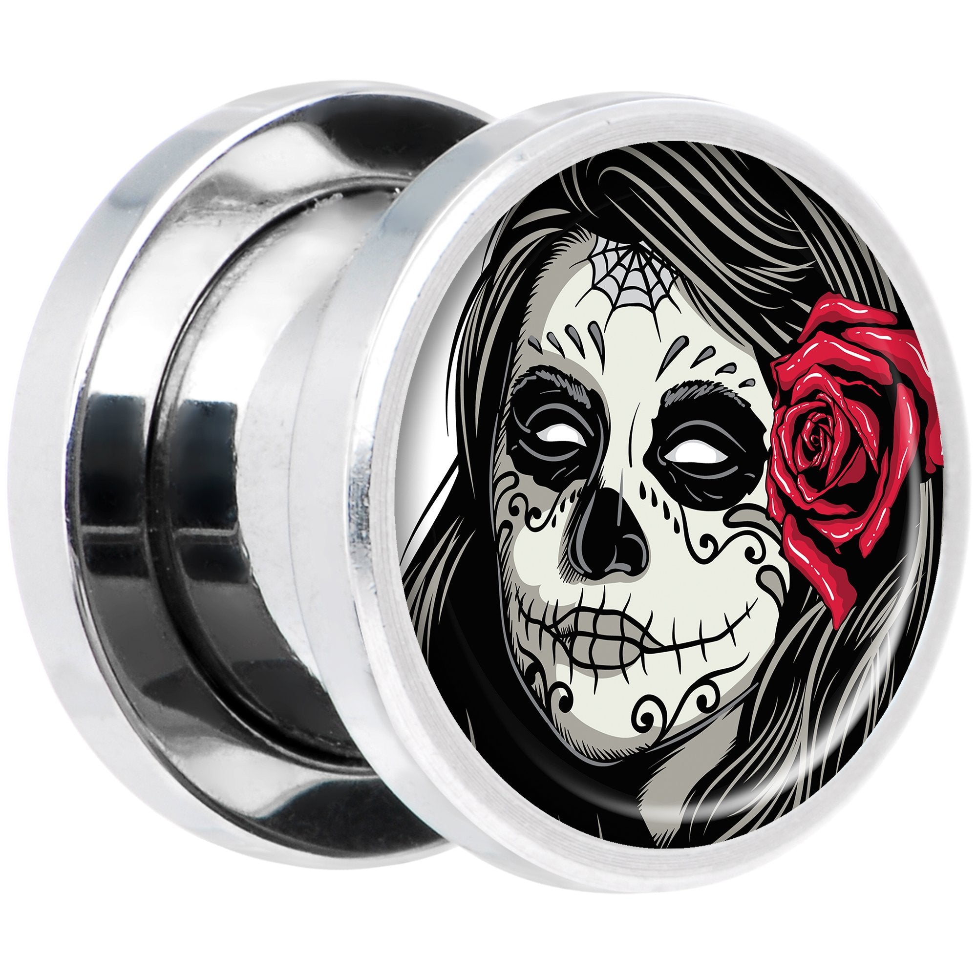 Katrina Sugar Skull with Rose Flower Steel Screw Fit Plug Set 00 Gauge