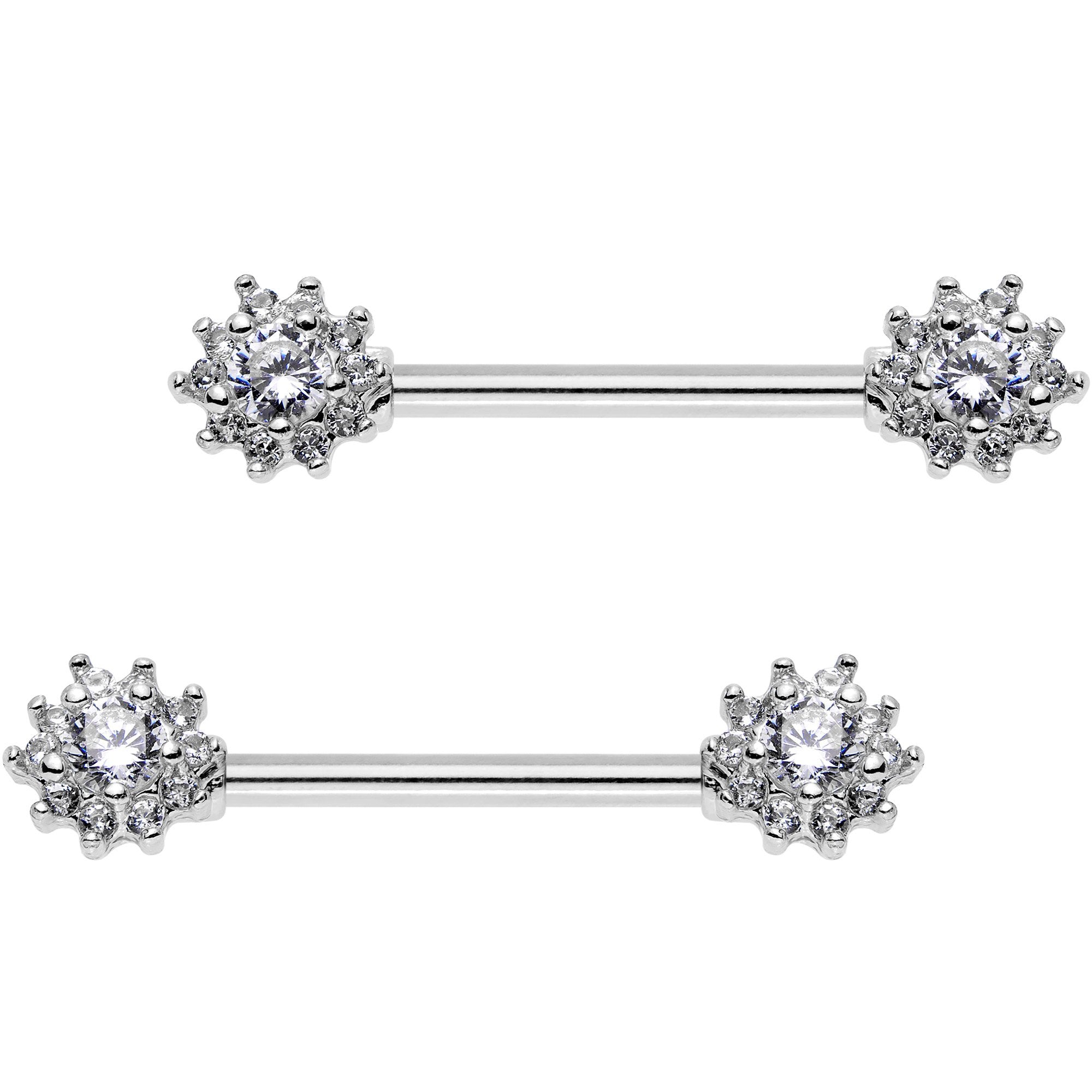 Clear CZ Gem Cluster Flower Barbell Nipple Ring Set