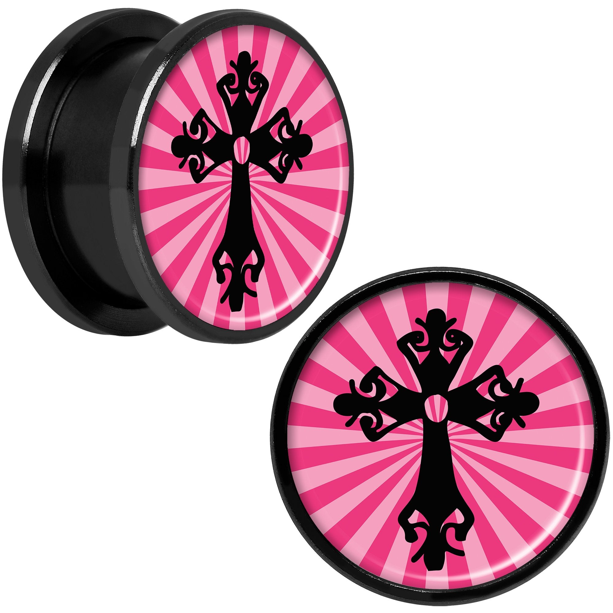 Pink Black Radiant Cross Black Anodized Screw Fit Plug Set 5/8