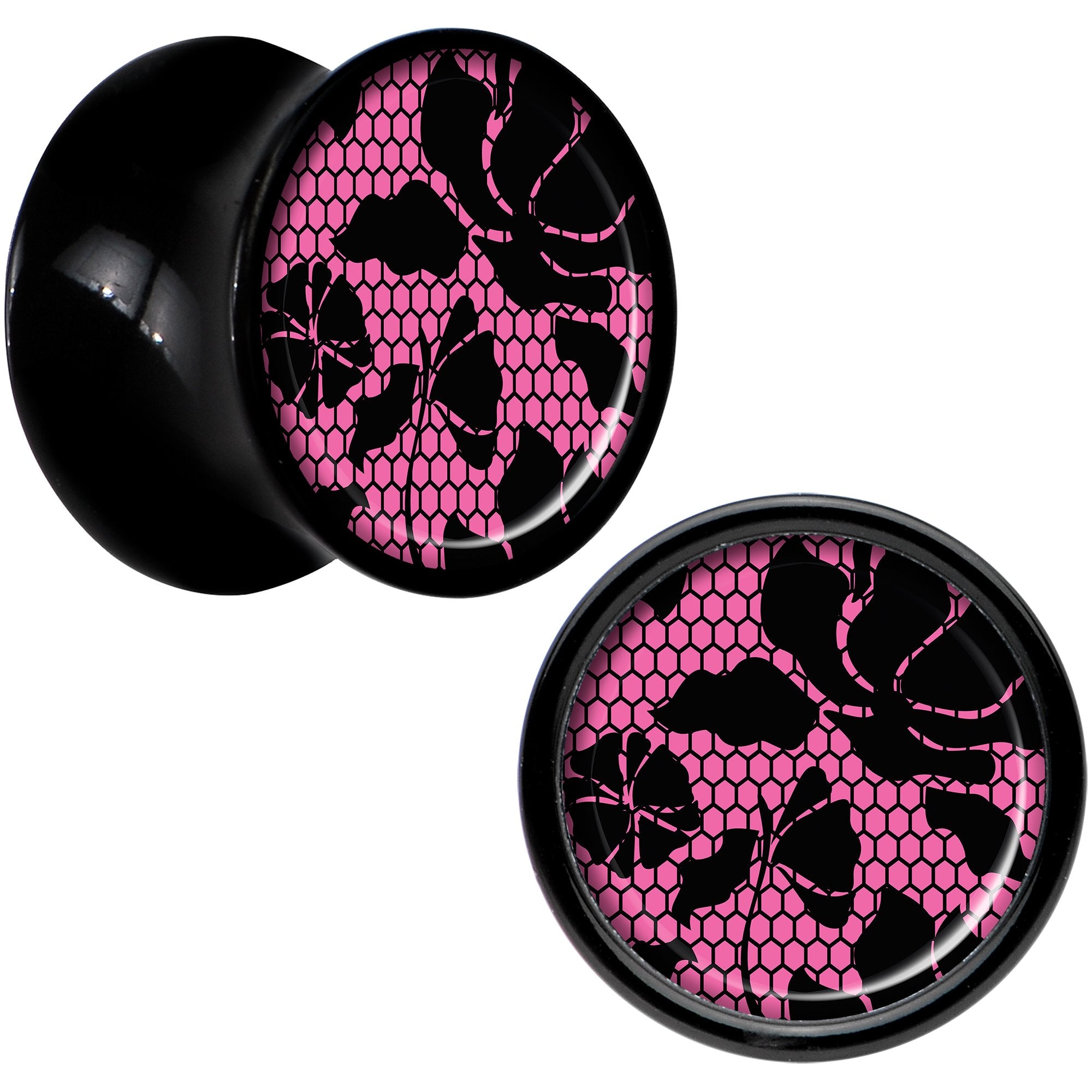 Black Acrylic Pink Floral Lace Saddle Plug Set 00 Gauge