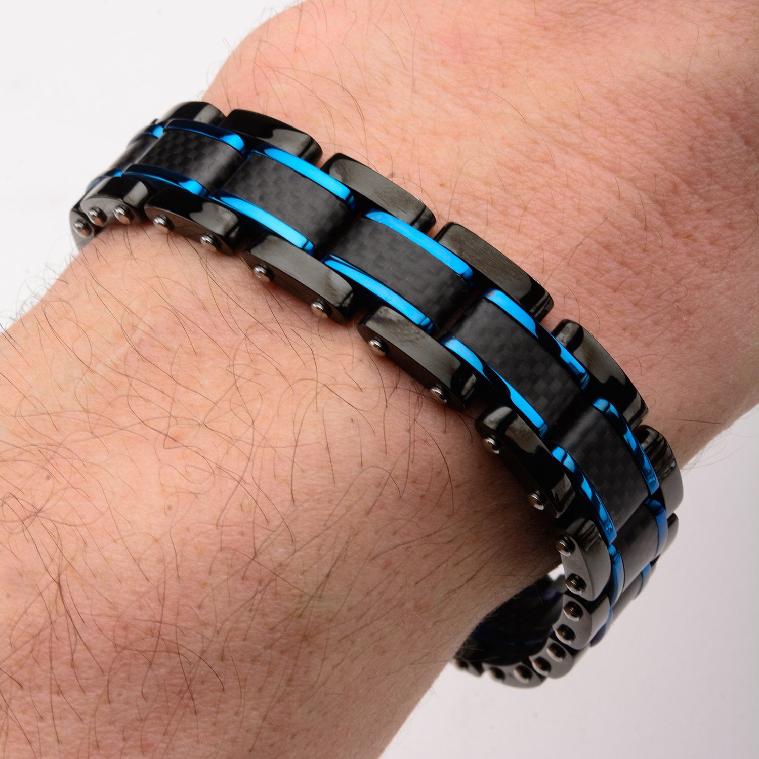 Mens Stainless Steel Black Blue IP and Solid Carbon Fiber Center Link 4mm Bracelet