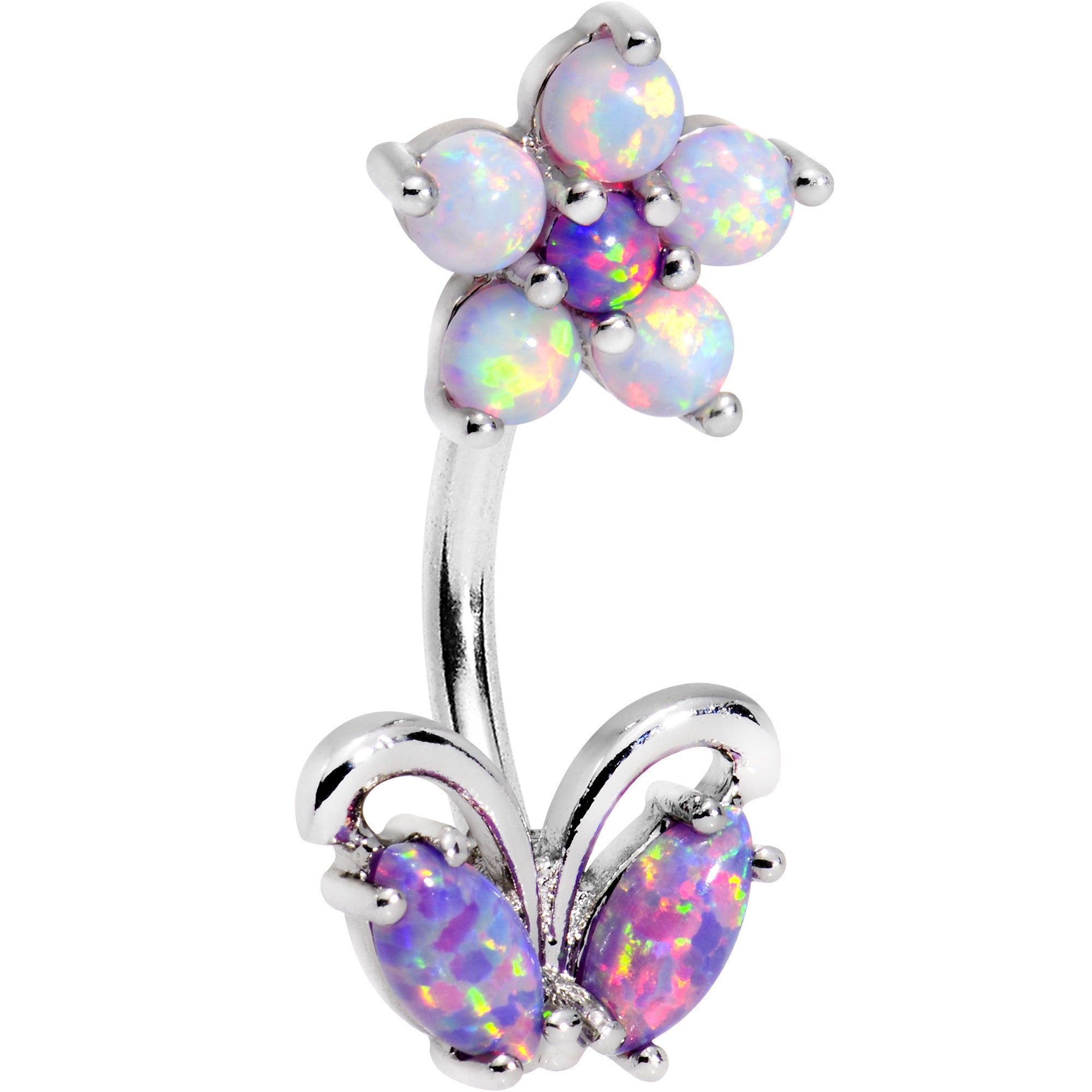 Purple White Faux Opal Flourishing Flower Double Mount Belly Ring