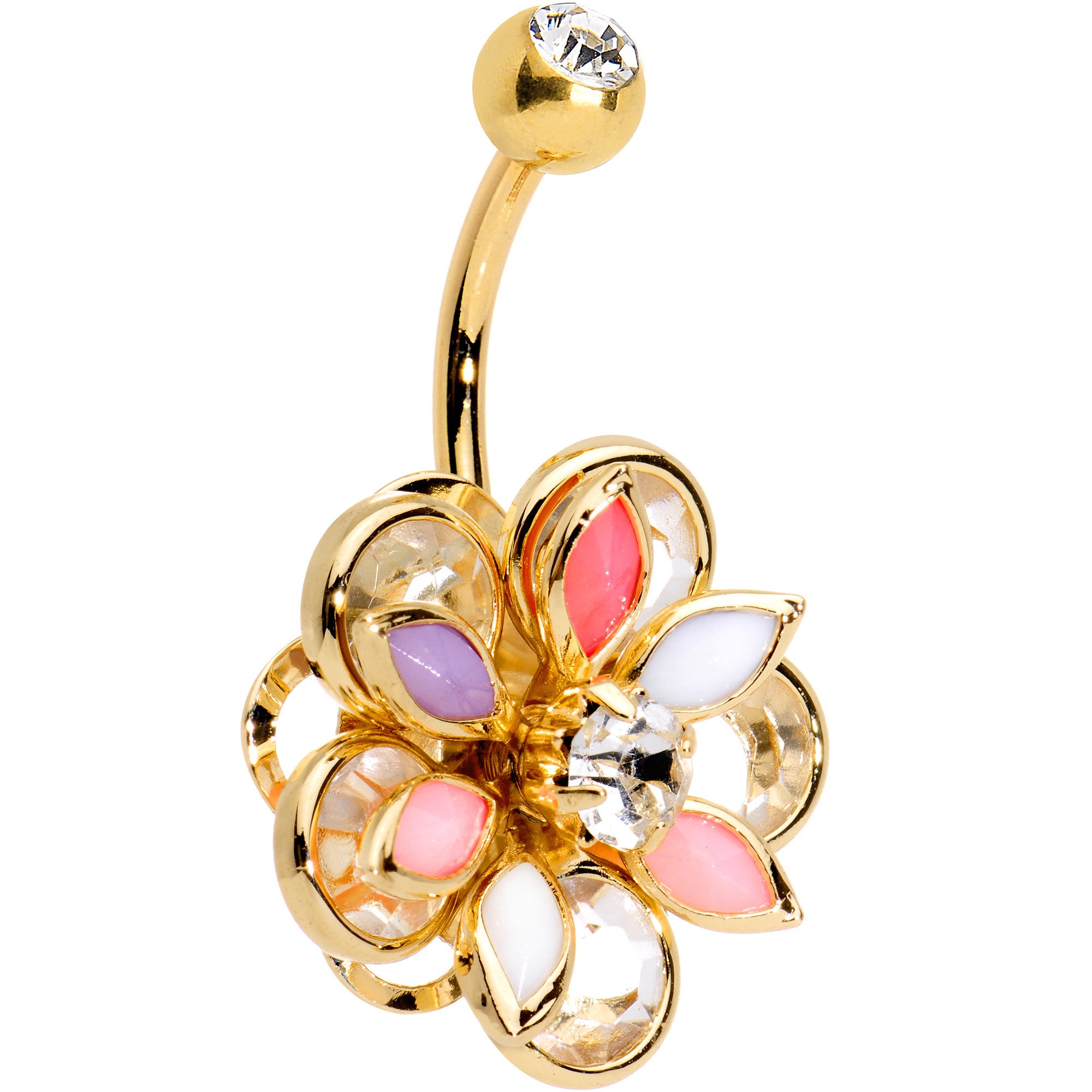 Clear Colorful Gem Gold Anodized Soft Pastel Flower Belly Ring