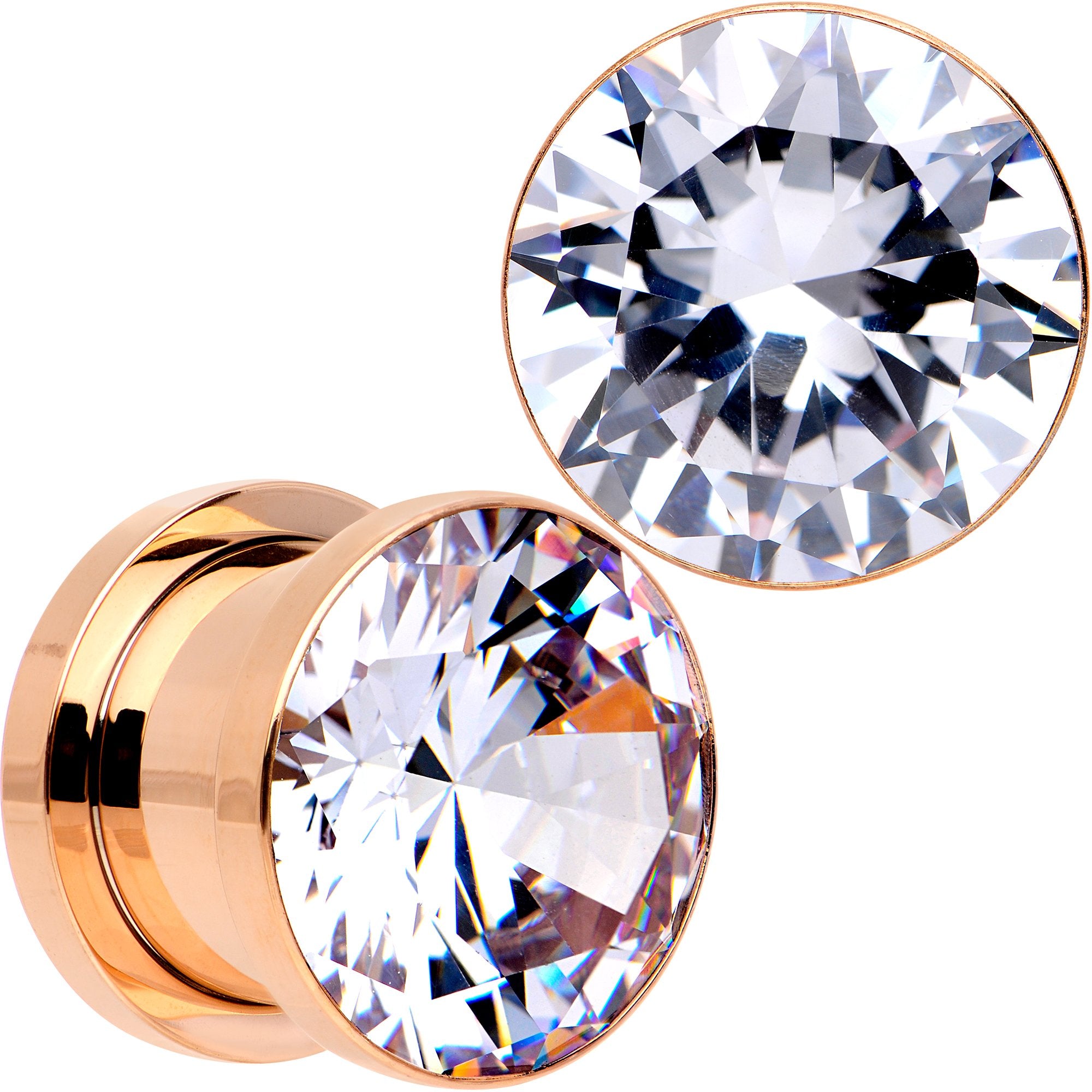 Clear CZ Gem Rose Gold PVD Glitzy Screw Fit Tunnel Plug Set