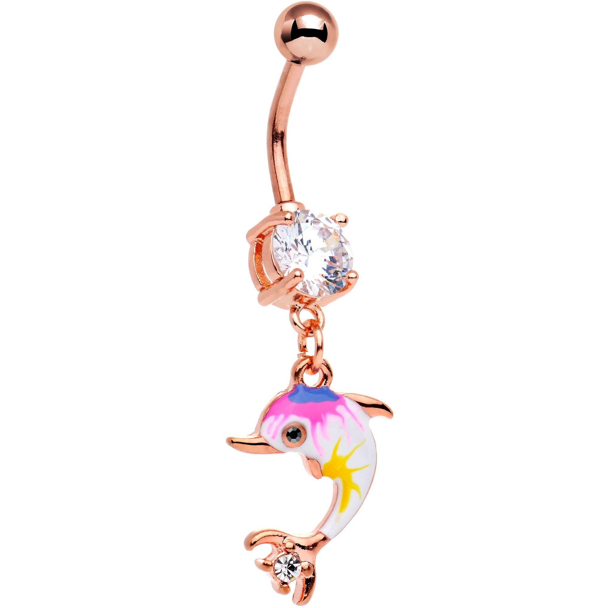 Clear CZ Gem Rose Gold PVD Rainbow Toy Dolphin Dangle Belly Ring