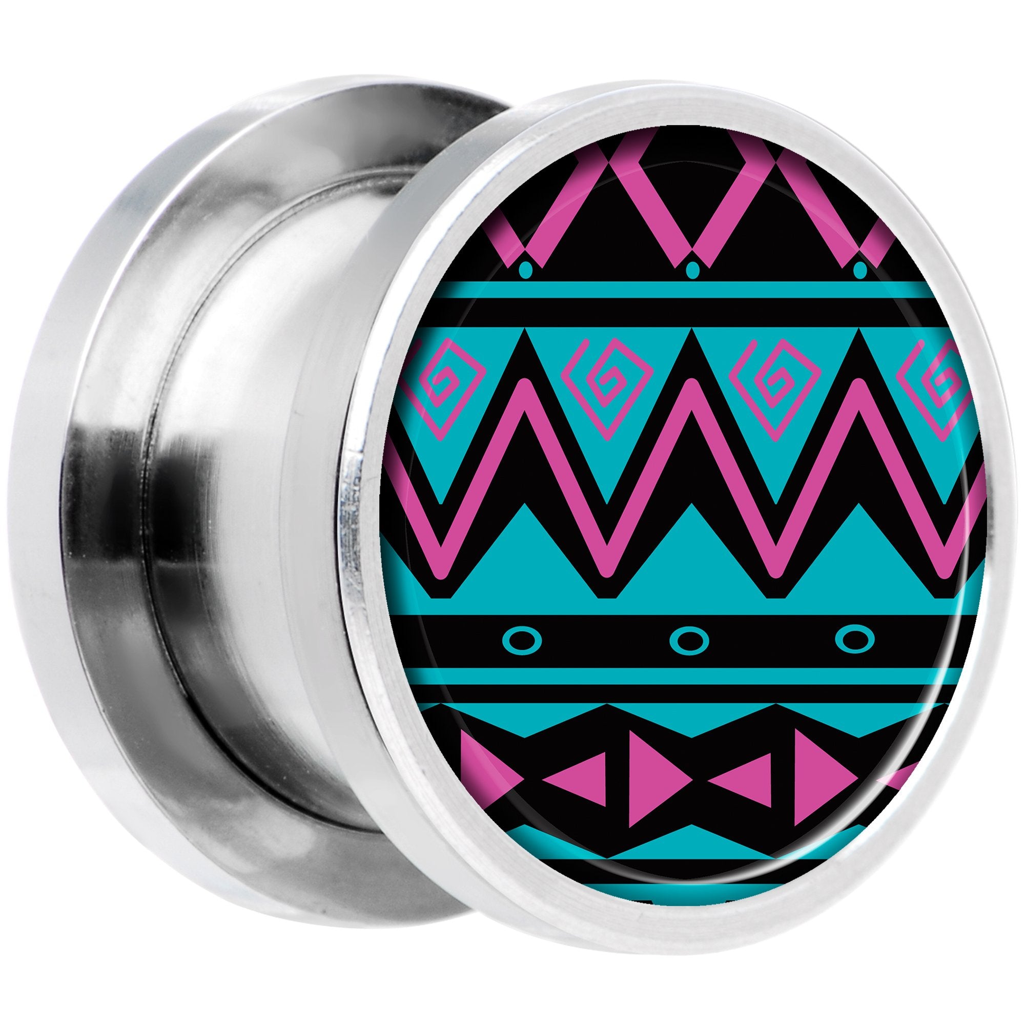 Pink Teal Tribal Print Steel Screw Fit Plug Set 1/2