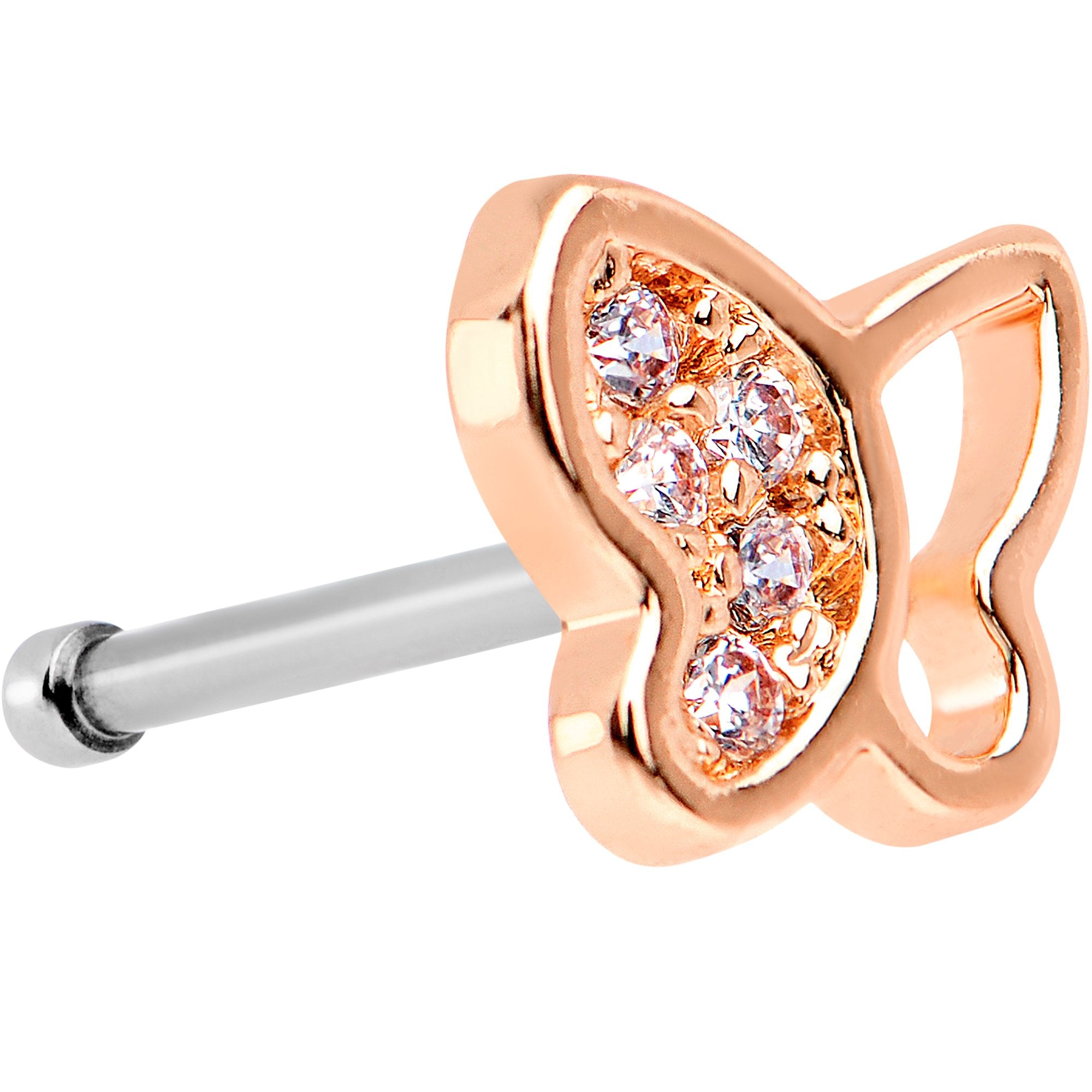 20 Gauge 1/4 CZ Gem Rose Gold Tone Half Paved Butterfly Nose Bone