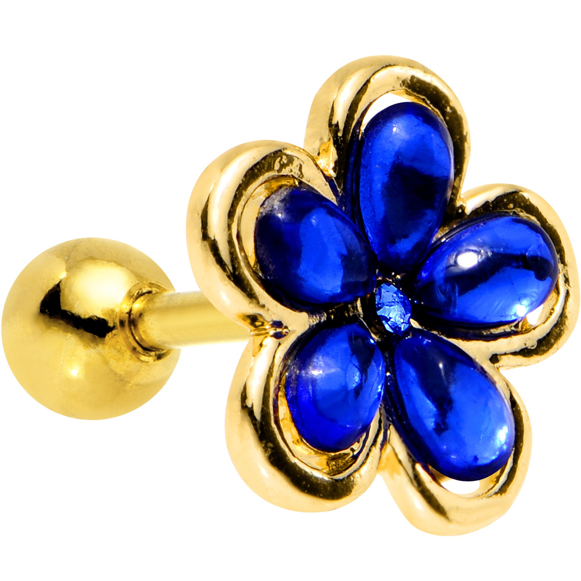 16 Gauge 1/4 Blue Gem Gold PVD Flower Tragus Cartilage Earring