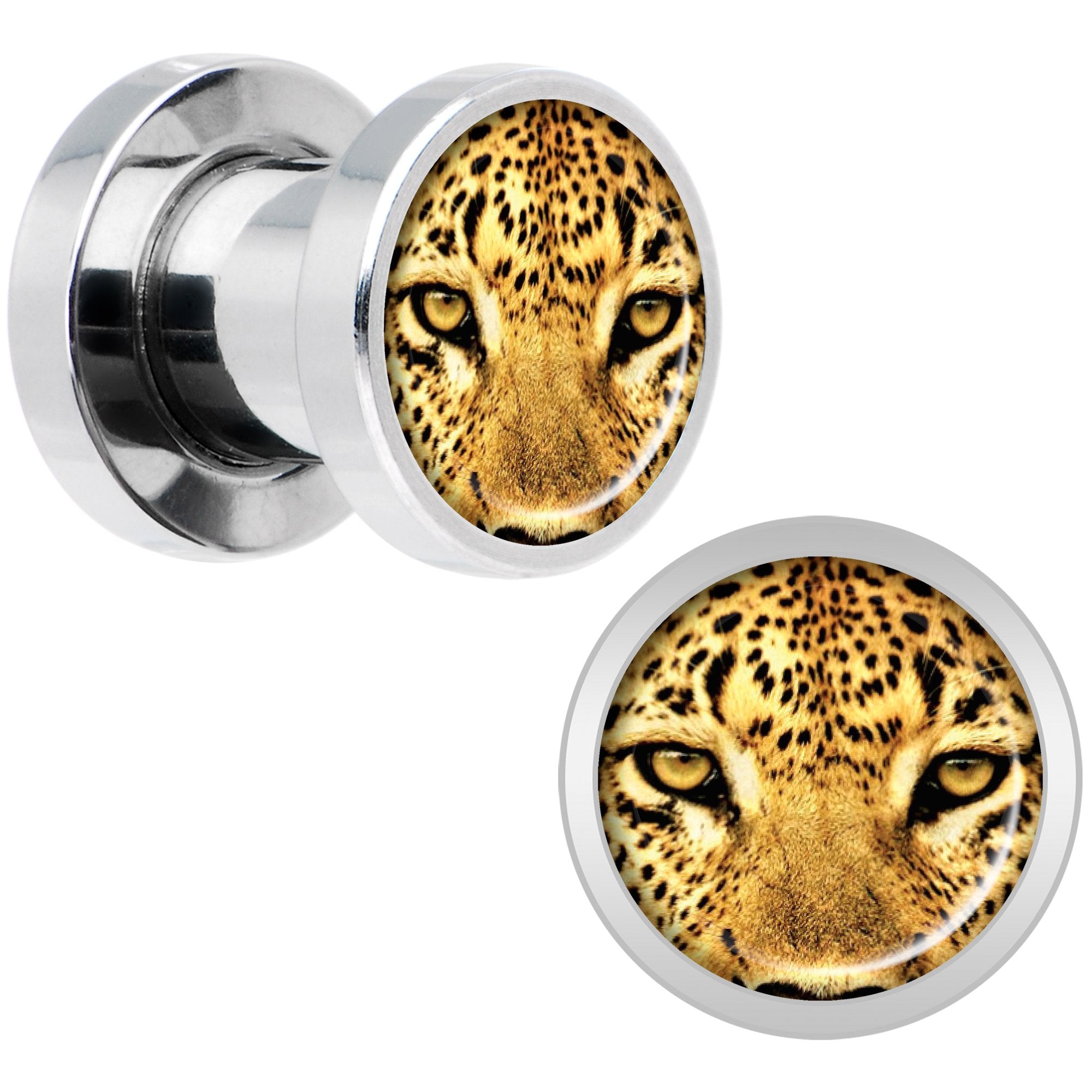 Full Color Leopard Eyes Steel Screw Fit Plug Set 2 Gauge