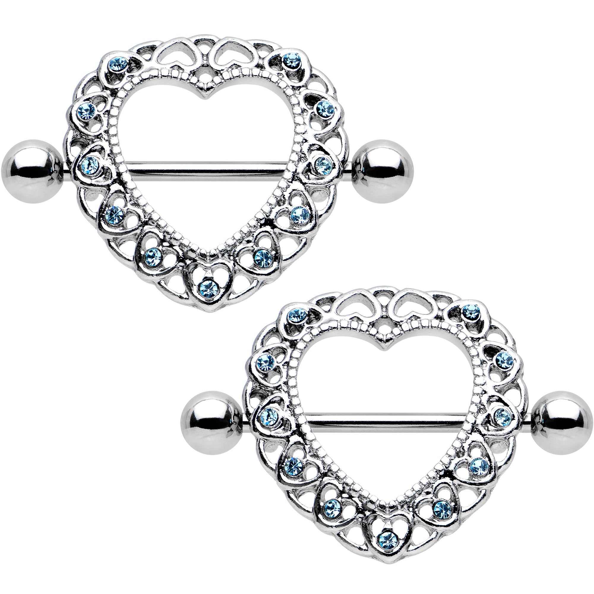 14 Gauge 7/8 Aqua Gem Heart Wreath Nipple Shield Set