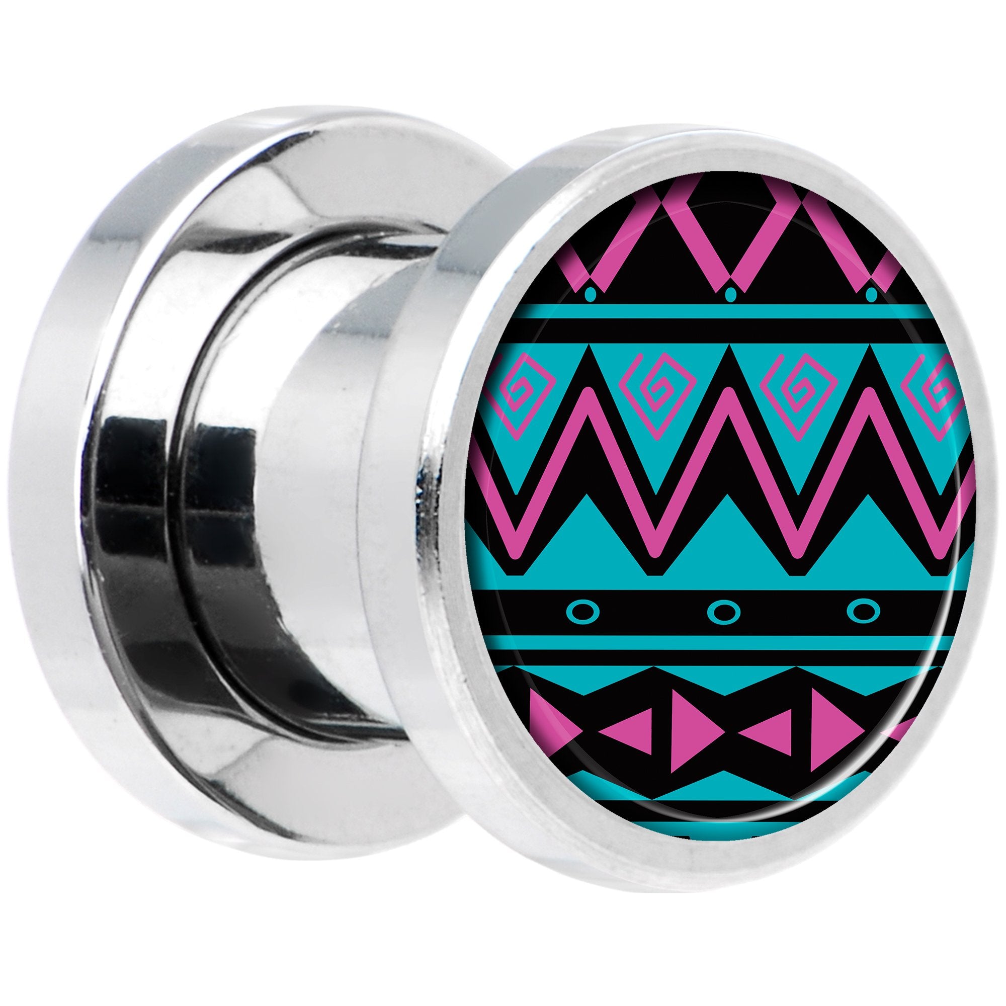 Pink Teal Tribal Print Steel Screw Fit Plug Set 0 Gauge